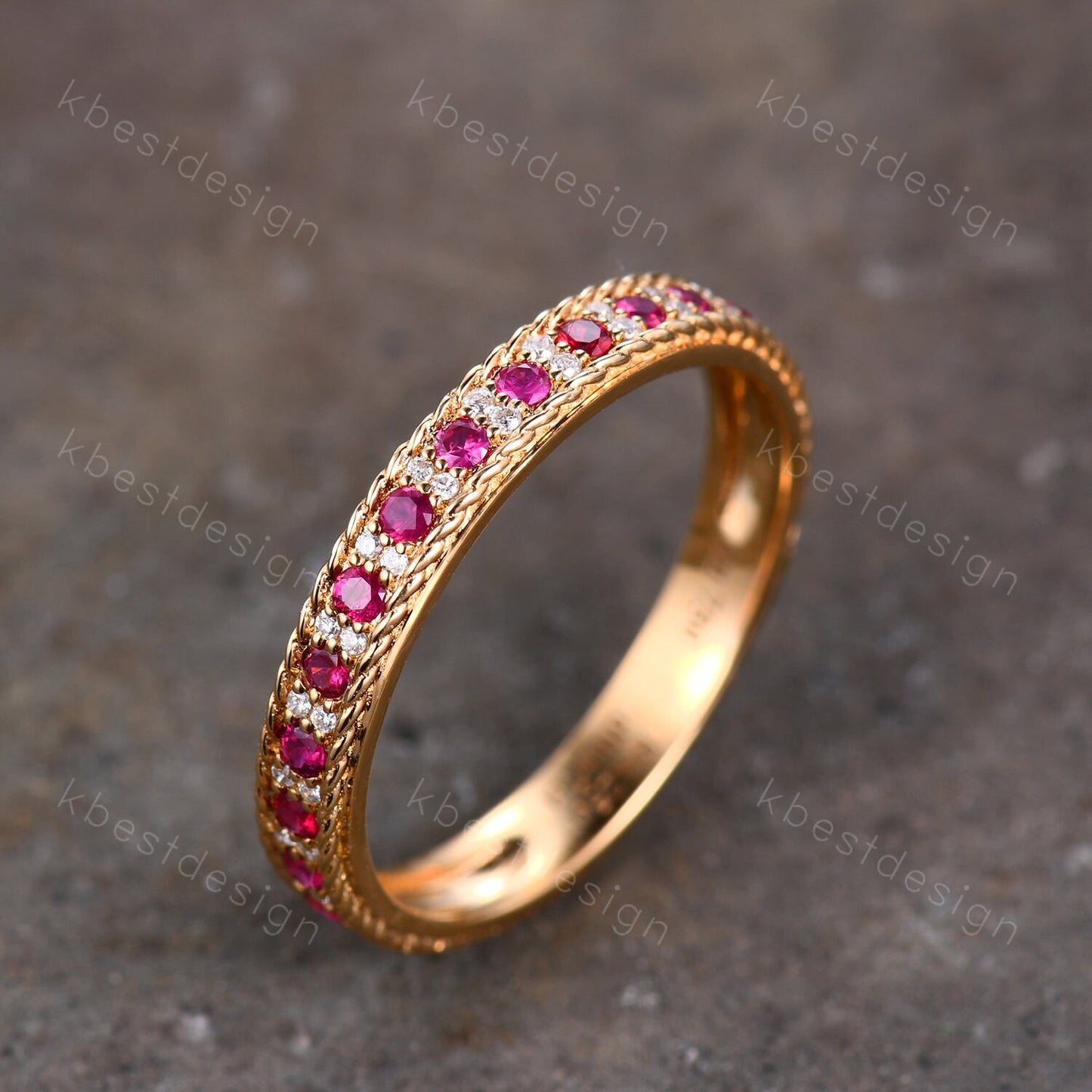 Vintage Ruby wedding band Yellow gold ruby moissanite wedding ring unique Antique stacking band July birthstone ring anniversary gift