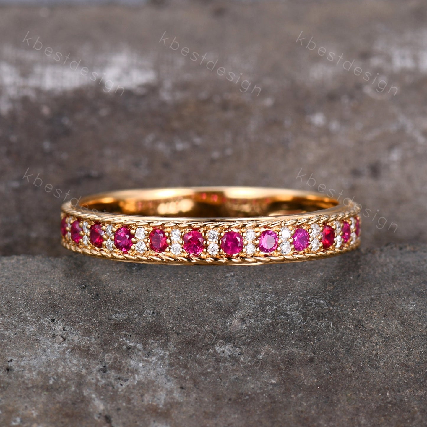 Vintage Ruby wedding band Yellow gold ruby moissanite wedding ring unique Antique stacking band July birthstone ring anniversary gift