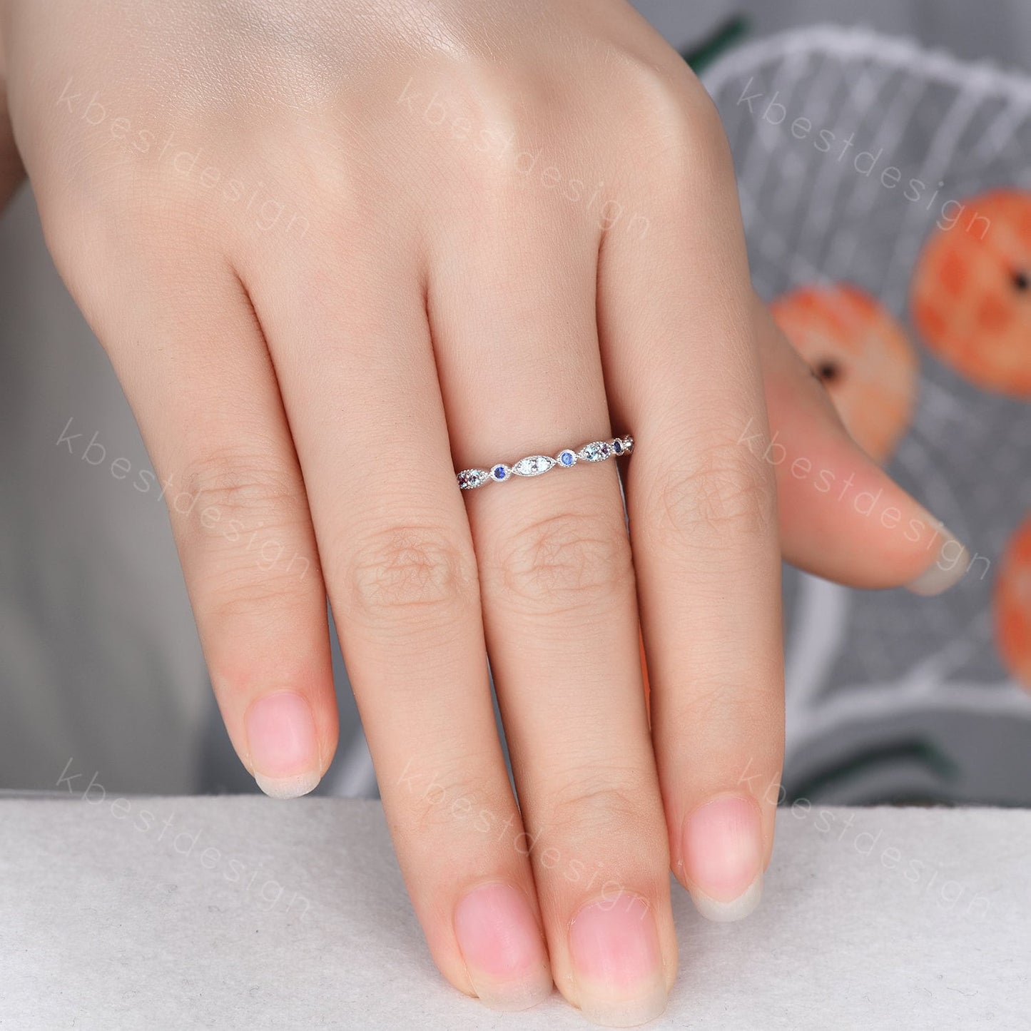 Alexandrite and Sapphire Ring, Silver Alexandrite Wedding Band, Unique Art Deco Gemstone Band, June Birthstone Ring, Anniversary Ring
