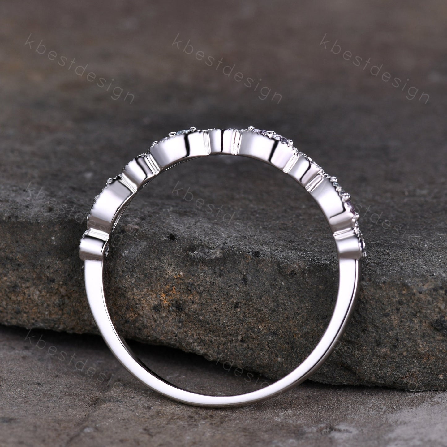 Alexandrite and Sapphire Ring, Silver Alexandrite Wedding Band, Unique Art Deco Gemstone Band, June Birthstone Ring, Anniversary Ring