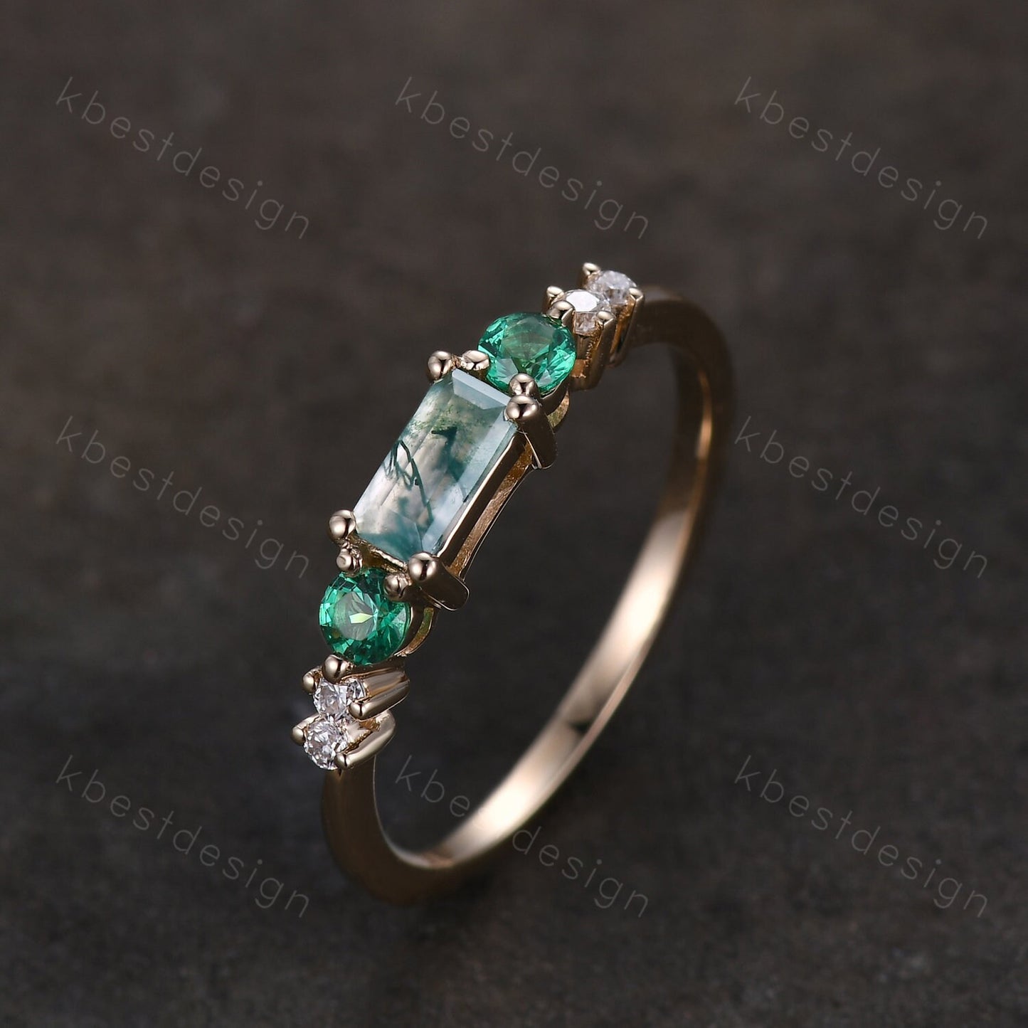 Baguette cut Moss Agate Wedding Band Unique Green Gem Ring Women Silver Ring Antique Moissanite Ring Minimalist Bridal Anniversary Gift