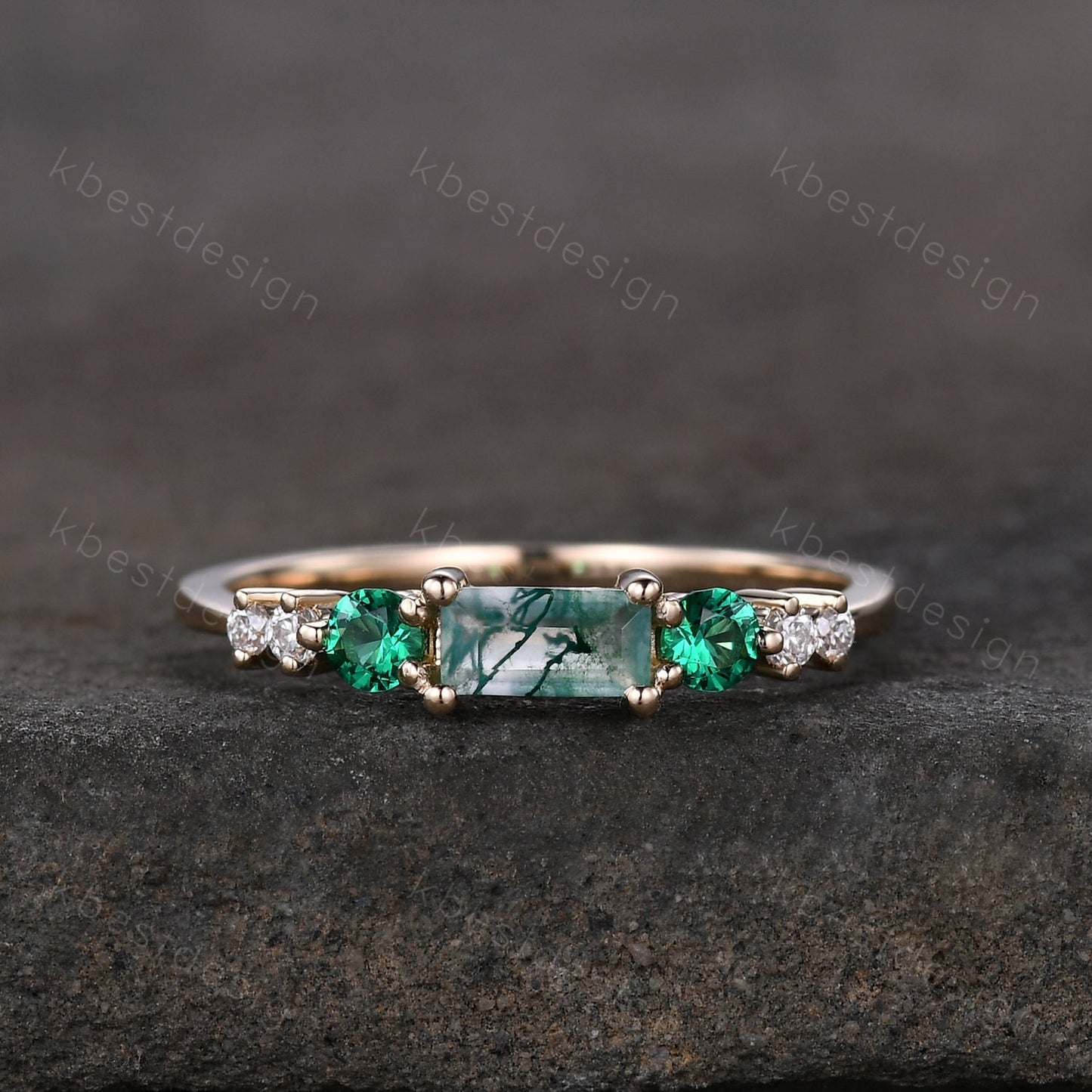 Baguette cut Moss Agate Wedding Band Unique Green Gem Ring Women Silver Ring Antique Moissanite Ring Minimalist Bridal Anniversary Gift