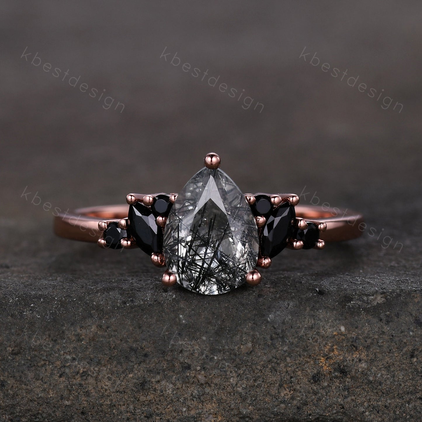 Vintage black rutilated quartz engagement ring sterling silver ring art deco cluster ring pear shaped bridal ring unique black spinel ring