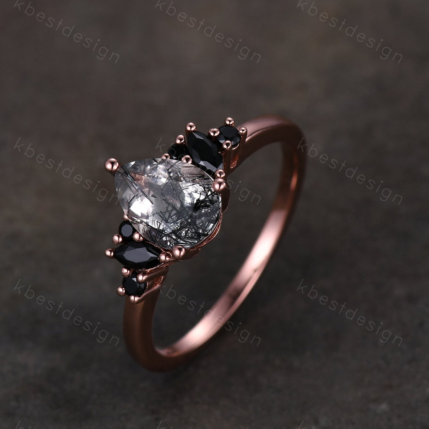 Vintage black rutilated quartz engagement ring sterling silver ring art deco cluster ring pear shaped bridal ring unique black spinel ring