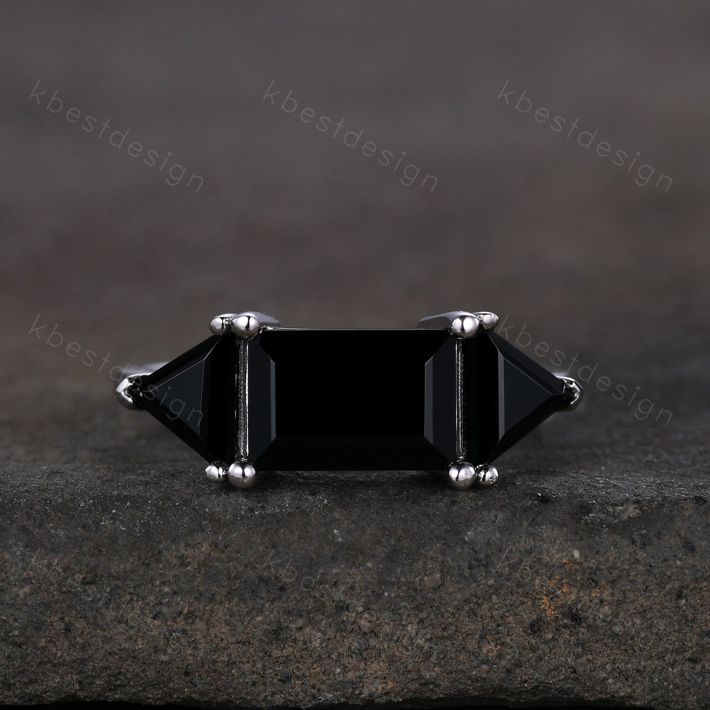 Emerald cut Black Onyx engagement ring unique Triangle cut black Onyx ring sterling silver ring Three stone ring art deco wedding ring
