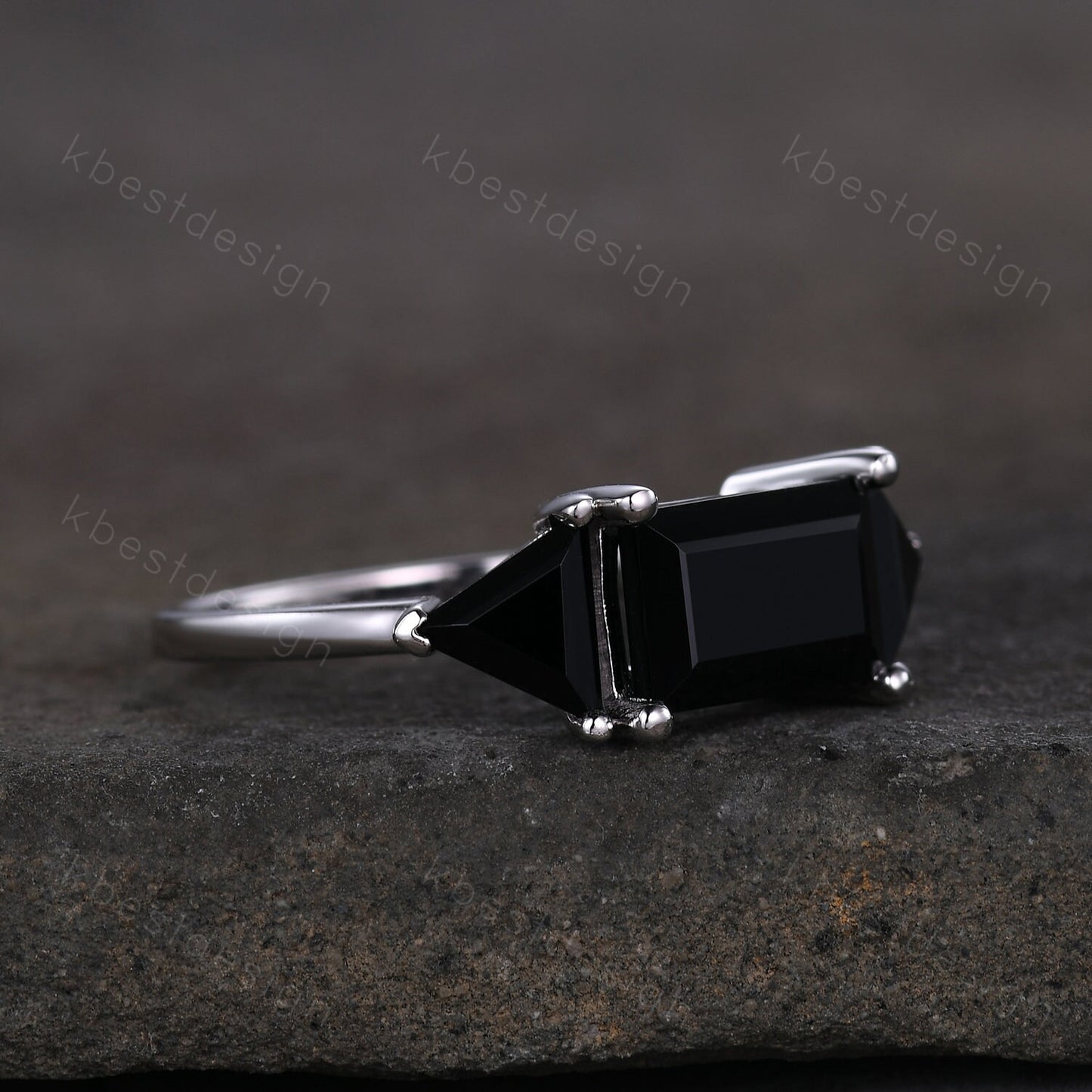 Emerald cut Black Onyx engagement ring unique Triangle cut black Onyx ring sterling silver ring Three stone ring art deco wedding ring