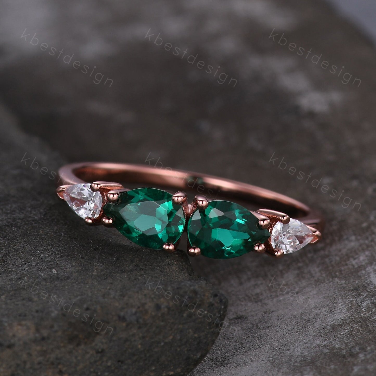 Pear cut emerald engagement ring art deco rose gold moissanite ring vintage teardrop green emerald ring unique 4 stone bridal wedding ring