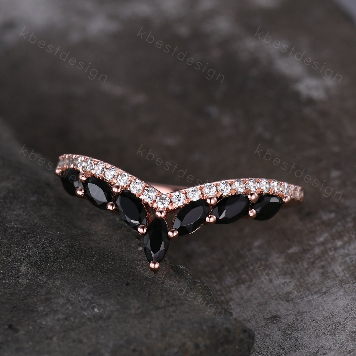 Unique Curved Black Onyx Wedding Band Vintage Marquise cut Black Onyx Cluster Ring Women Rose Gold Moissanite Stacking Bridal Wedding Ring