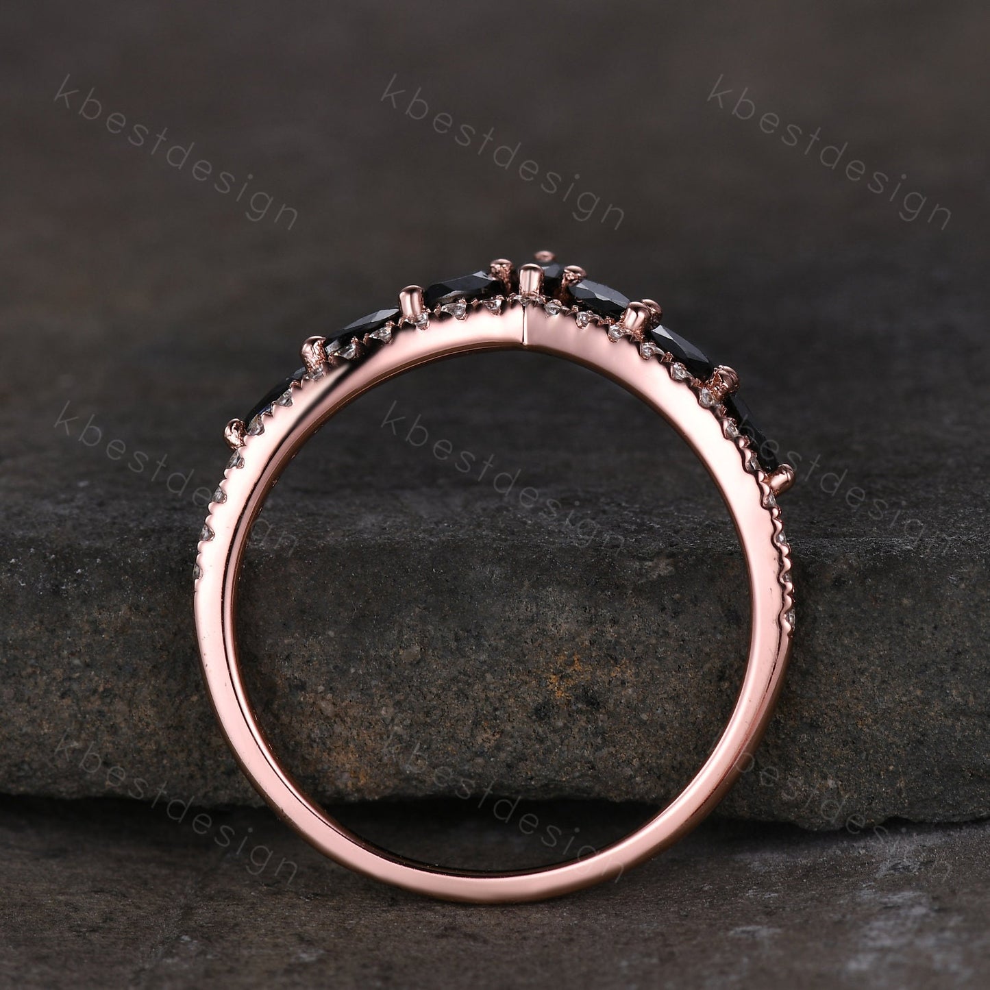 Unique Curved Black Onyx Wedding Band Vintage Marquise cut Black Onyx Cluster Ring Women Rose Gold Moissanite Stacking Bridal Wedding Ring