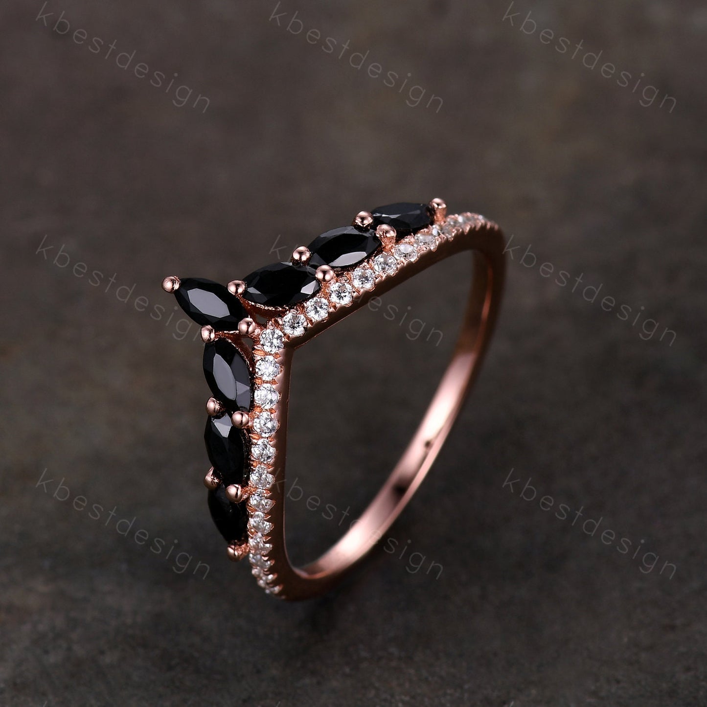 Unique Curved Black Onyx Wedding Band Vintage Marquise cut Black Onyx Cluster Ring Women Rose Gold Moissanite Stacking Bridal Wedding Ring