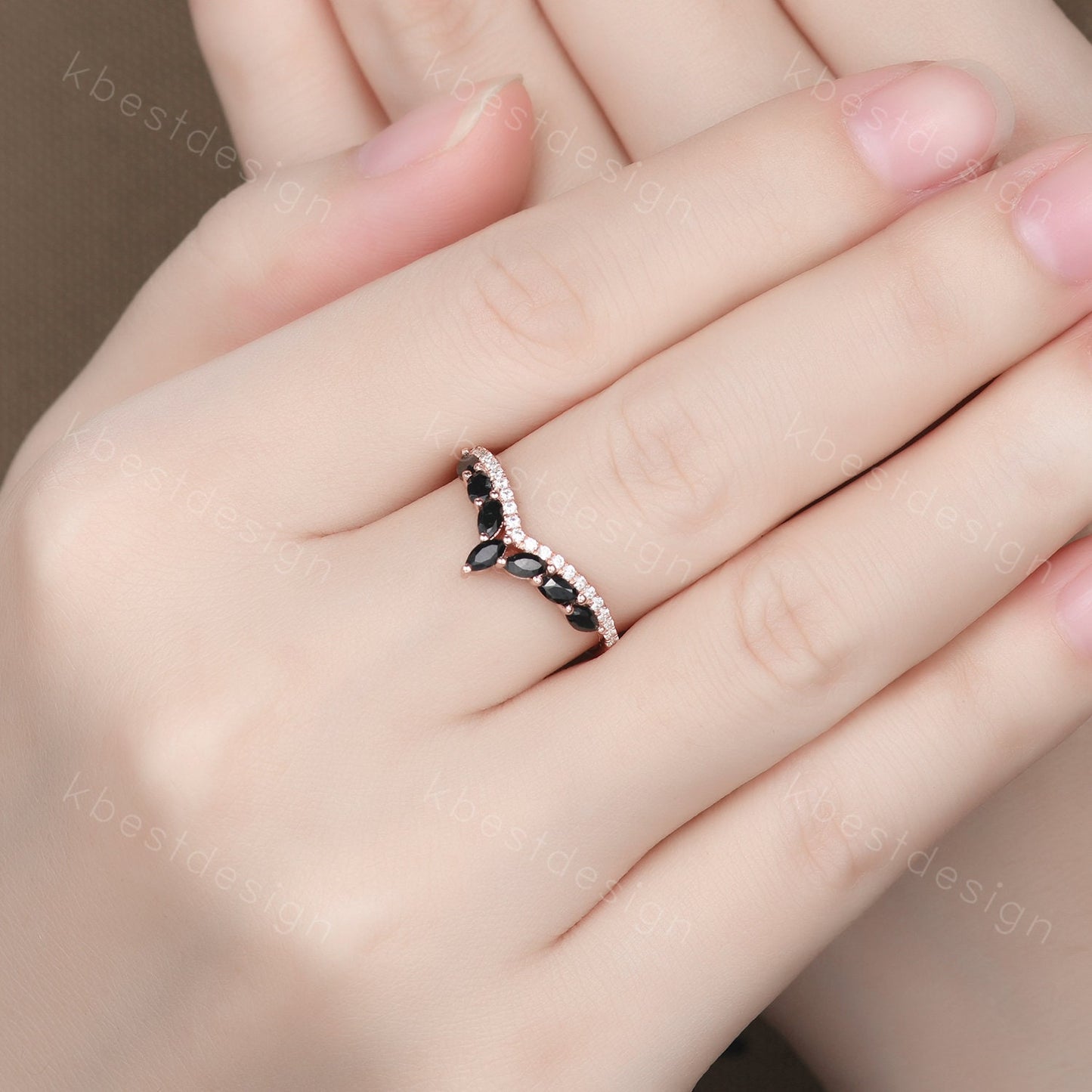 Unique Curved Black Onyx Wedding Band Vintage Marquise cut Black Onyx Cluster Ring Women Rose Gold Moissanite Stacking Bridal Wedding Ring