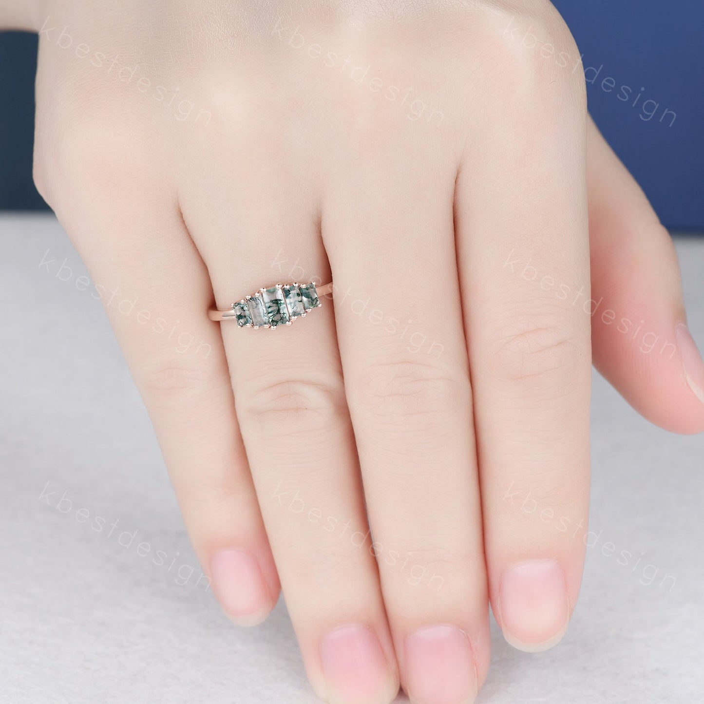 Vintage Baguette cut Moss Agate Wedding Band Unique Green Agate Cluster Ring Rose Gold Antique Five Stone Women Bridal Promise Ring