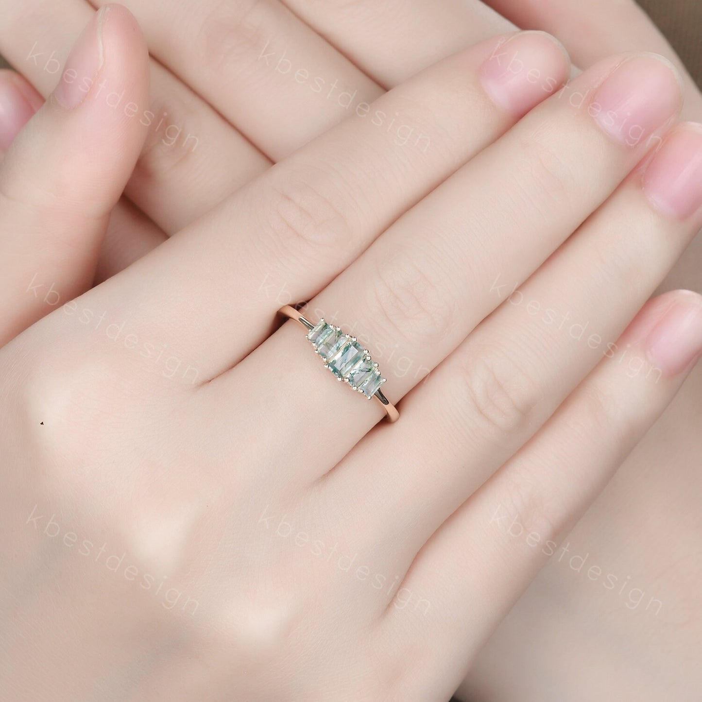 Vintage Baguette cut Moss Agate Wedding Band Unique Green Agate Cluster Ring Rose Gold Antique Five Stone Women Bridal Promise Ring