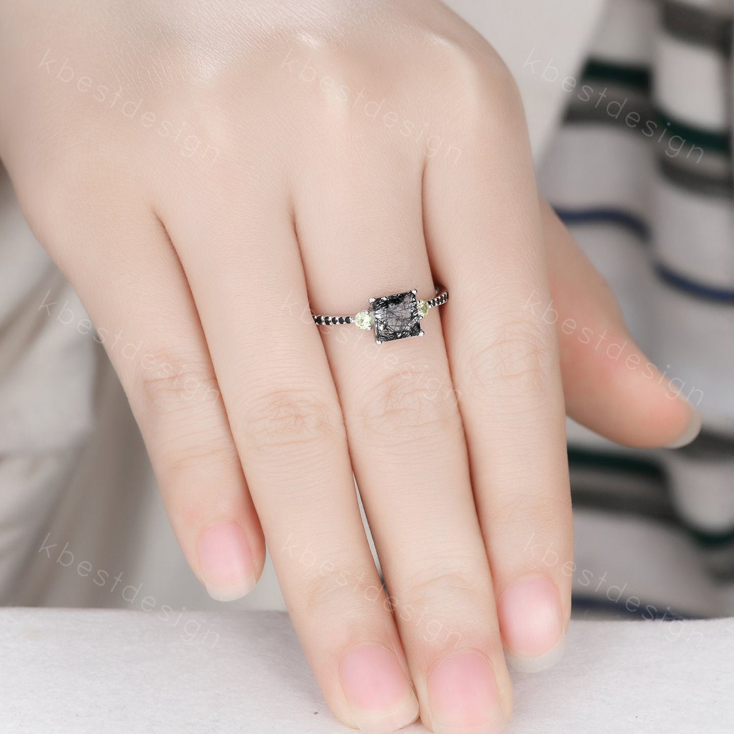 Princess Cut Natural Black Rutilated Quartz Engagement Ring Unique Green Peridot Ring Sterling Silver Ring Three stone ring Promise Ring