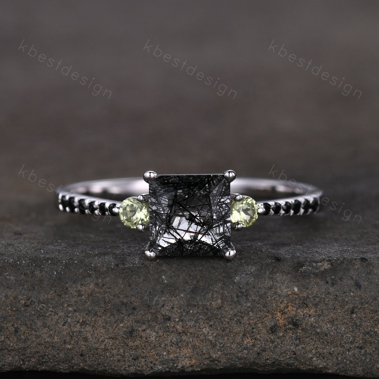 Princess Cut Natural Black Rutilated Quartz Engagement Ring Unique Green Peridot Ring Sterling Silver Ring Three stone ring Promise Ring