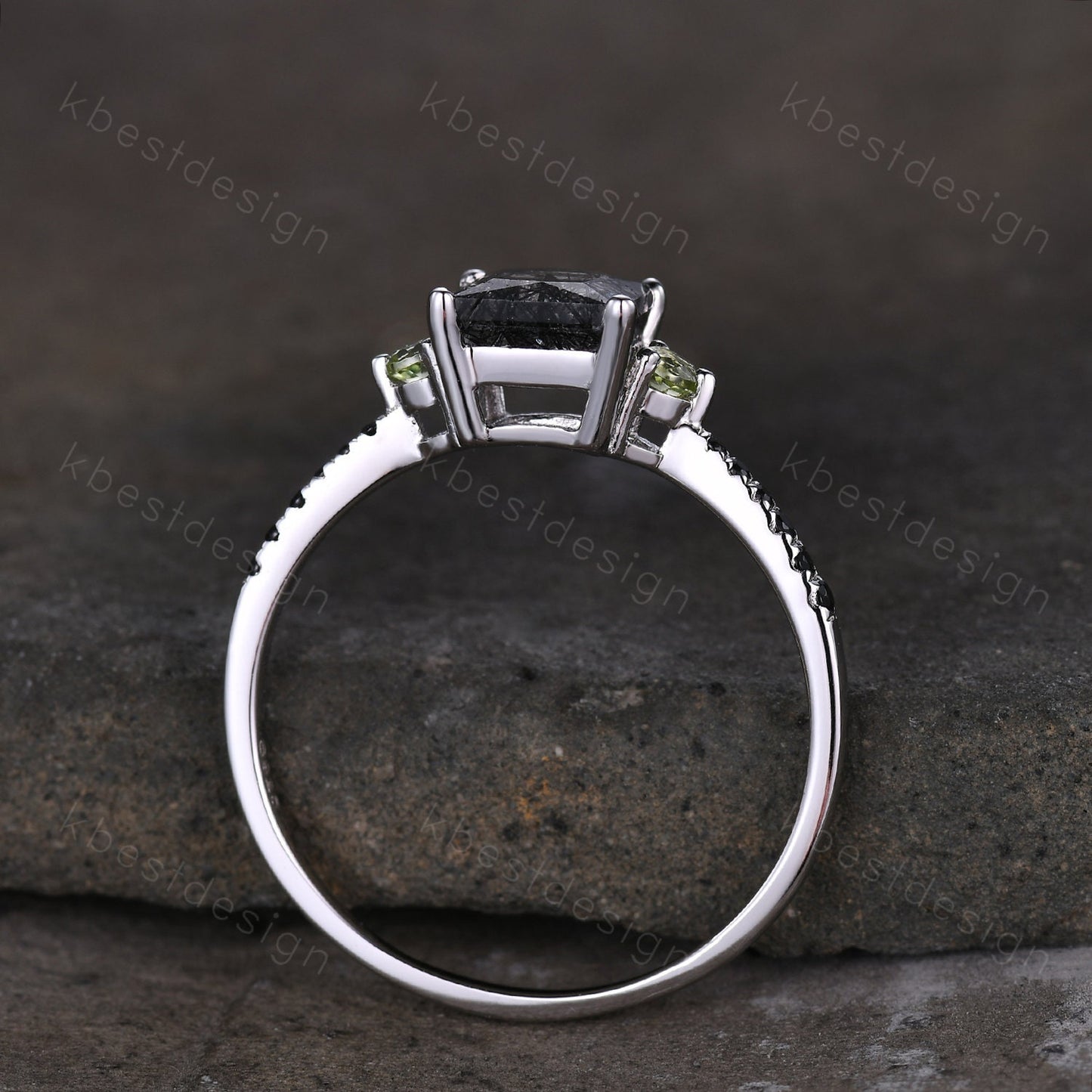 Princess Cut Natural Black Rutilated Quartz Engagement Ring Unique Green Peridot Ring Sterling Silver Ring Three stone ring Promise Ring