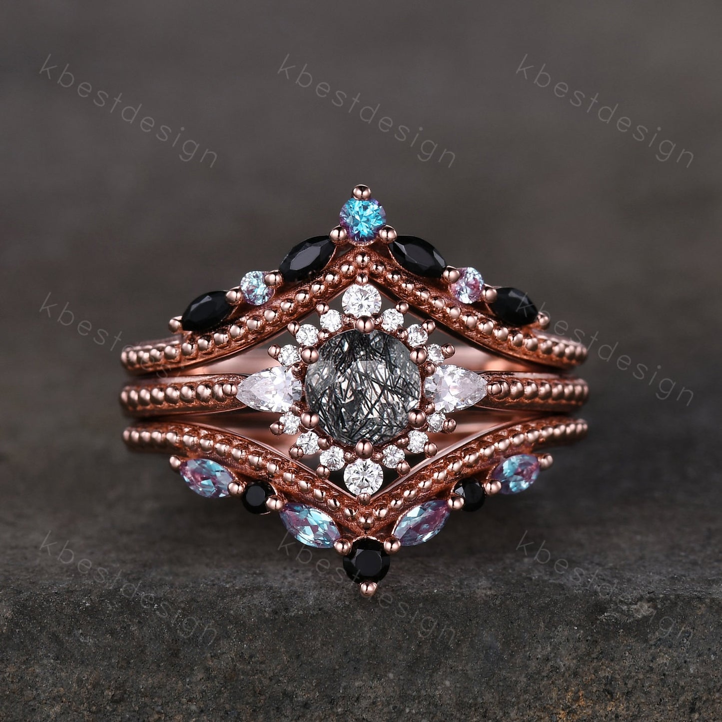 Vintage black rutilated quartz engagement ring art deco curved stacking band marquise cut alexandrite ring unique bridal wedding set