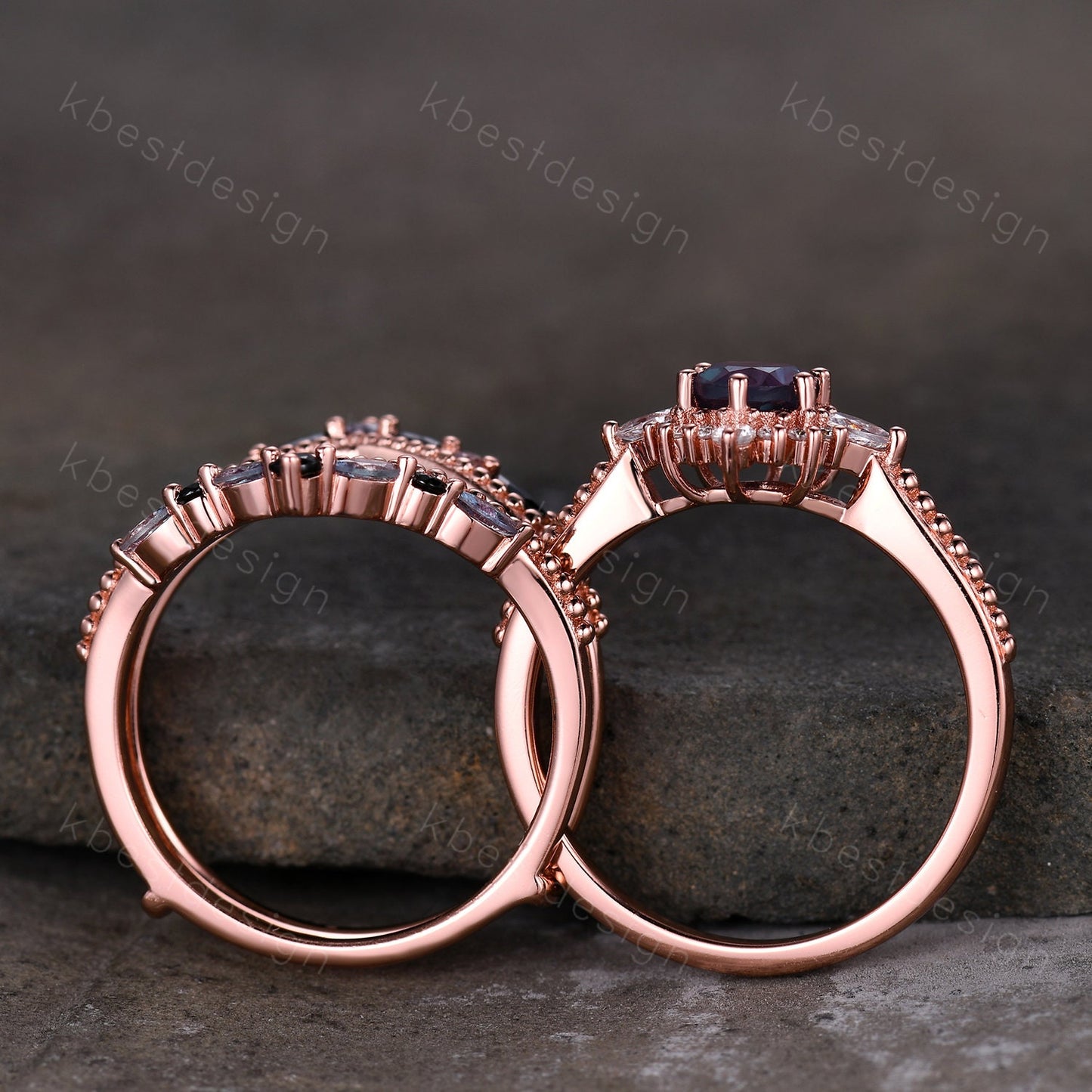 Vintage black rutilated quartz engagement ring art deco curved stacking band marquise cut alexandrite ring unique bridal wedding set