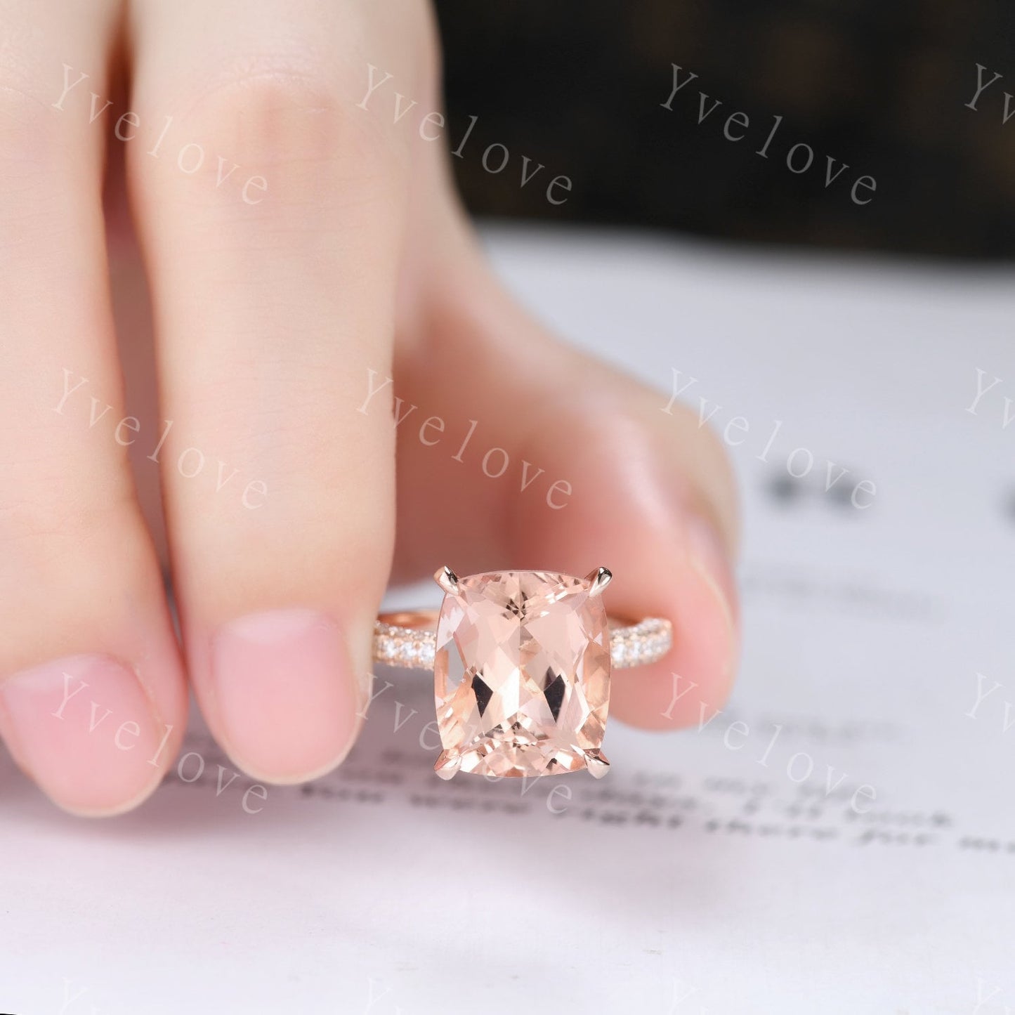 Special listing for Betsy, change the main stone to 9x11mm cushion morganite, 18k white gold, moissanites as the side stones. size 5.