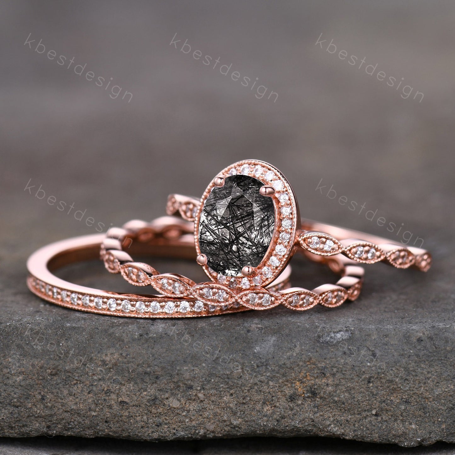 Vintage black rutilated quartz engagement ring 14k rose gold oval cut ring art deco moissanite stacking bands unique bridal wedding ring set