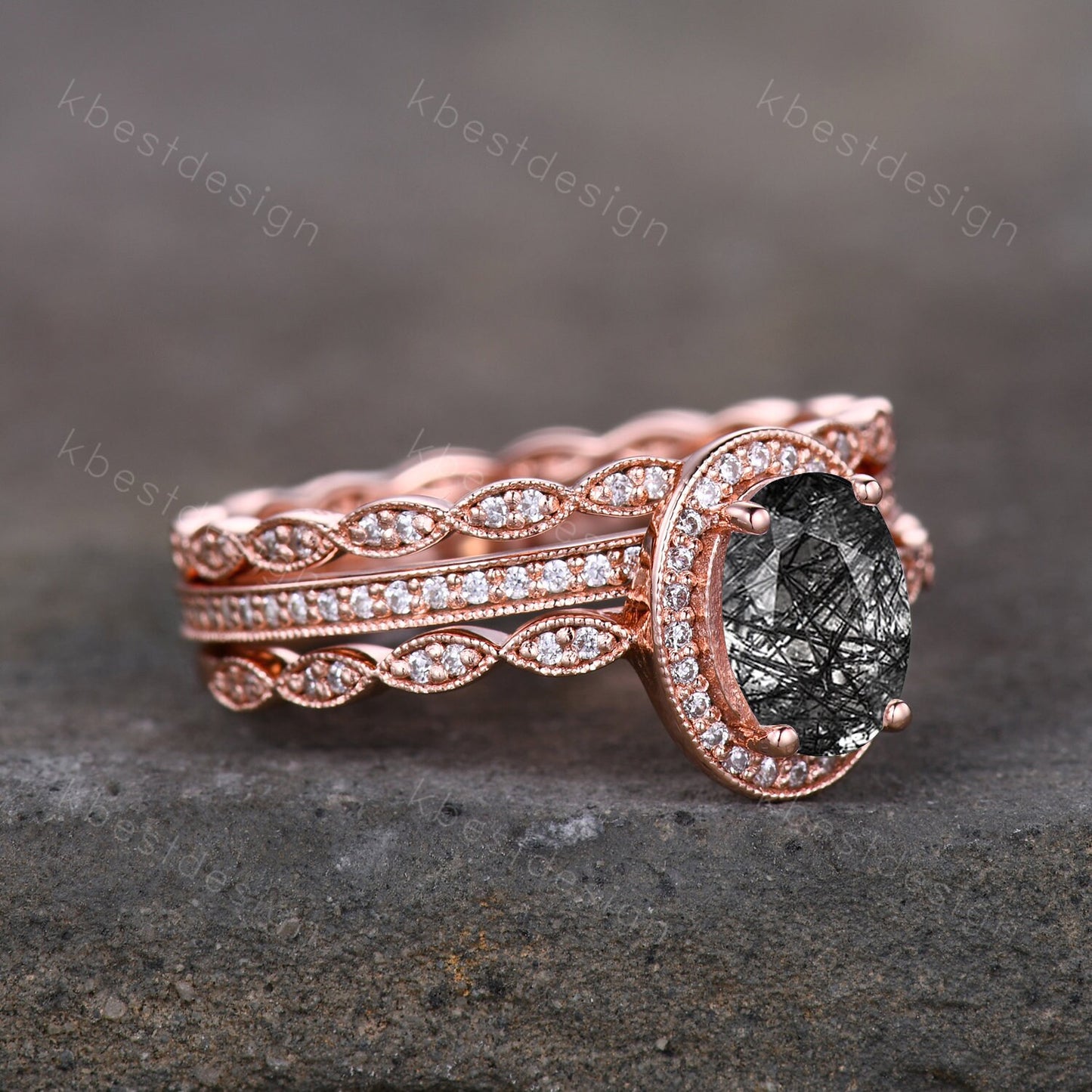 Vintage black rutilated quartz engagement ring 14k rose gold oval cut ring art deco moissanite stacking bands unique bridal wedding ring set