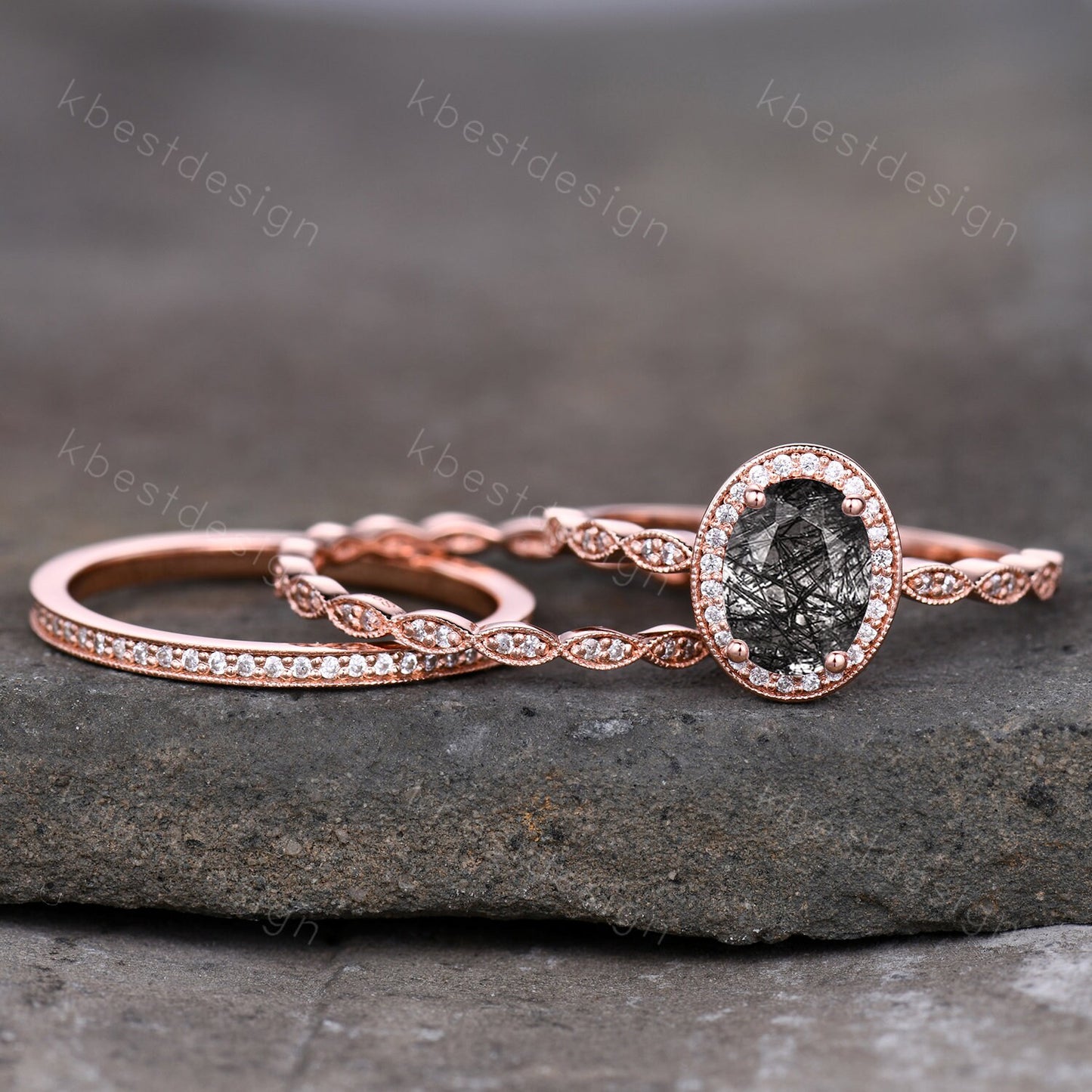 Vintage black rutilated quartz engagement ring 14k rose gold oval cut ring art deco moissanite stacking bands unique bridal wedding ring set