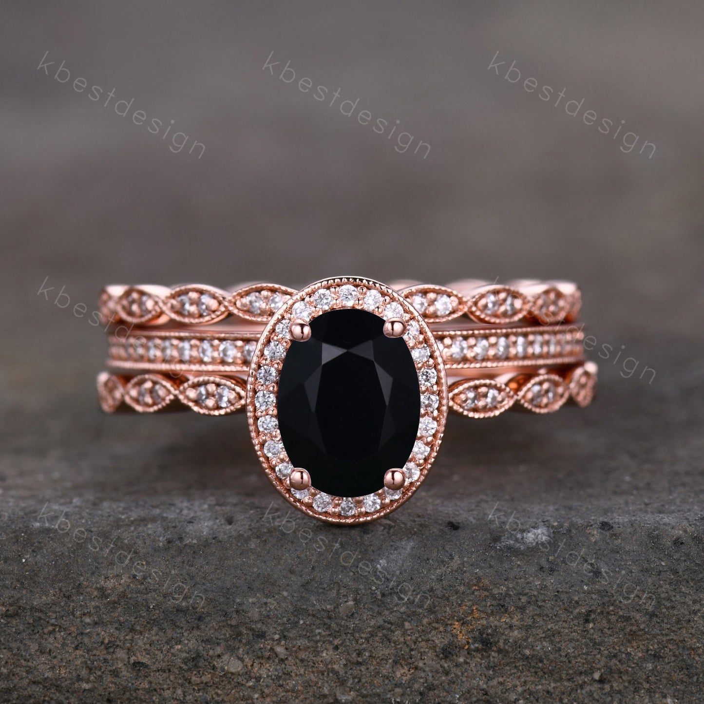 Vintage Unique oval cut Black Onyx engagement ring set rose gold ring set moissanite ring set art deco bridal wedding ring Promise gift