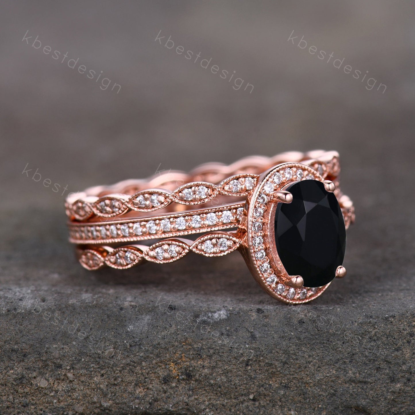 Vintage Unique oval cut Black Onyx engagement ring set rose gold ring set moissanite ring set art deco bridal wedding ring Promise gift