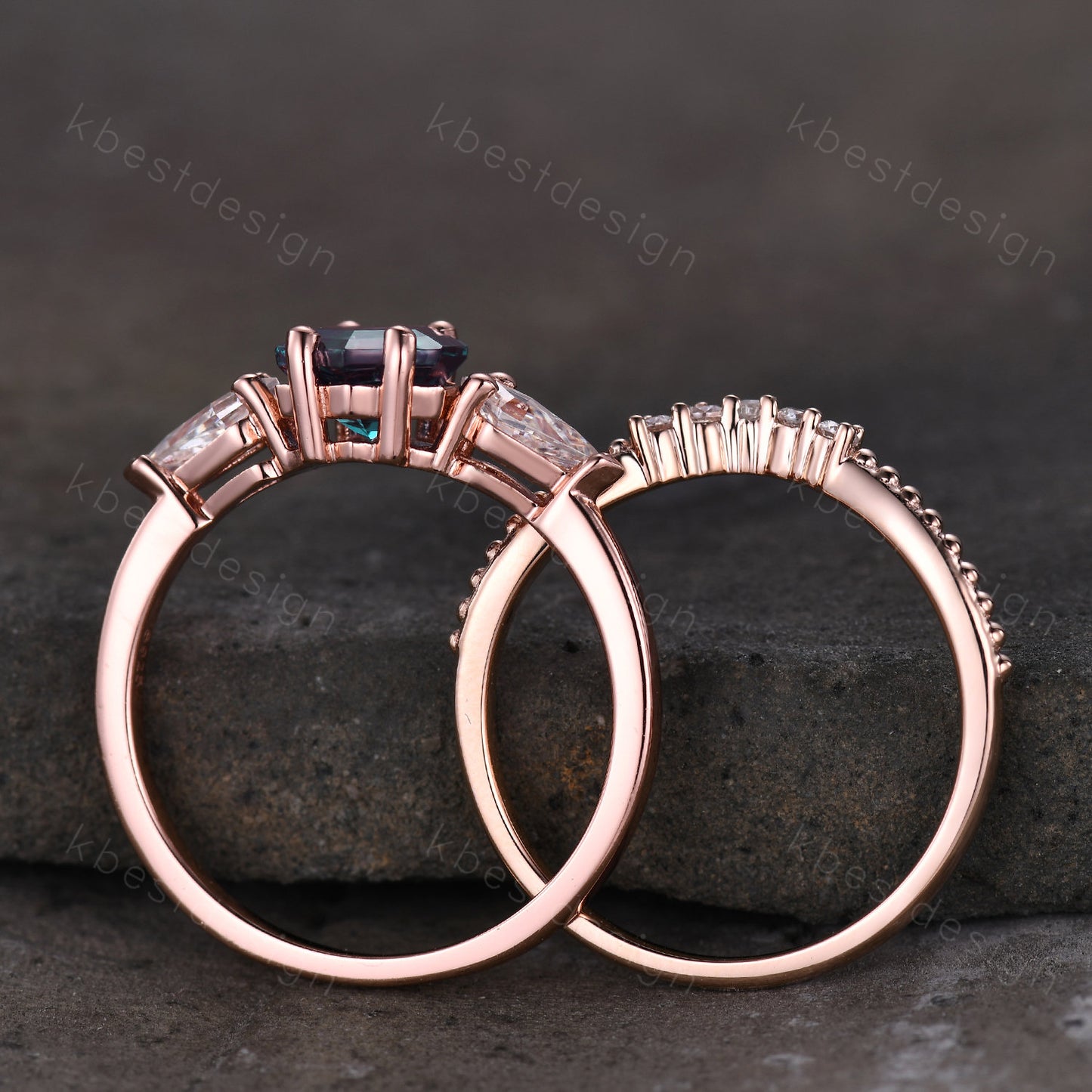 Vintage Hexagon Alexandrite engagement ring set women rose gold ring kite cut Moissanite ring unique Personalized wedding bridal ring set