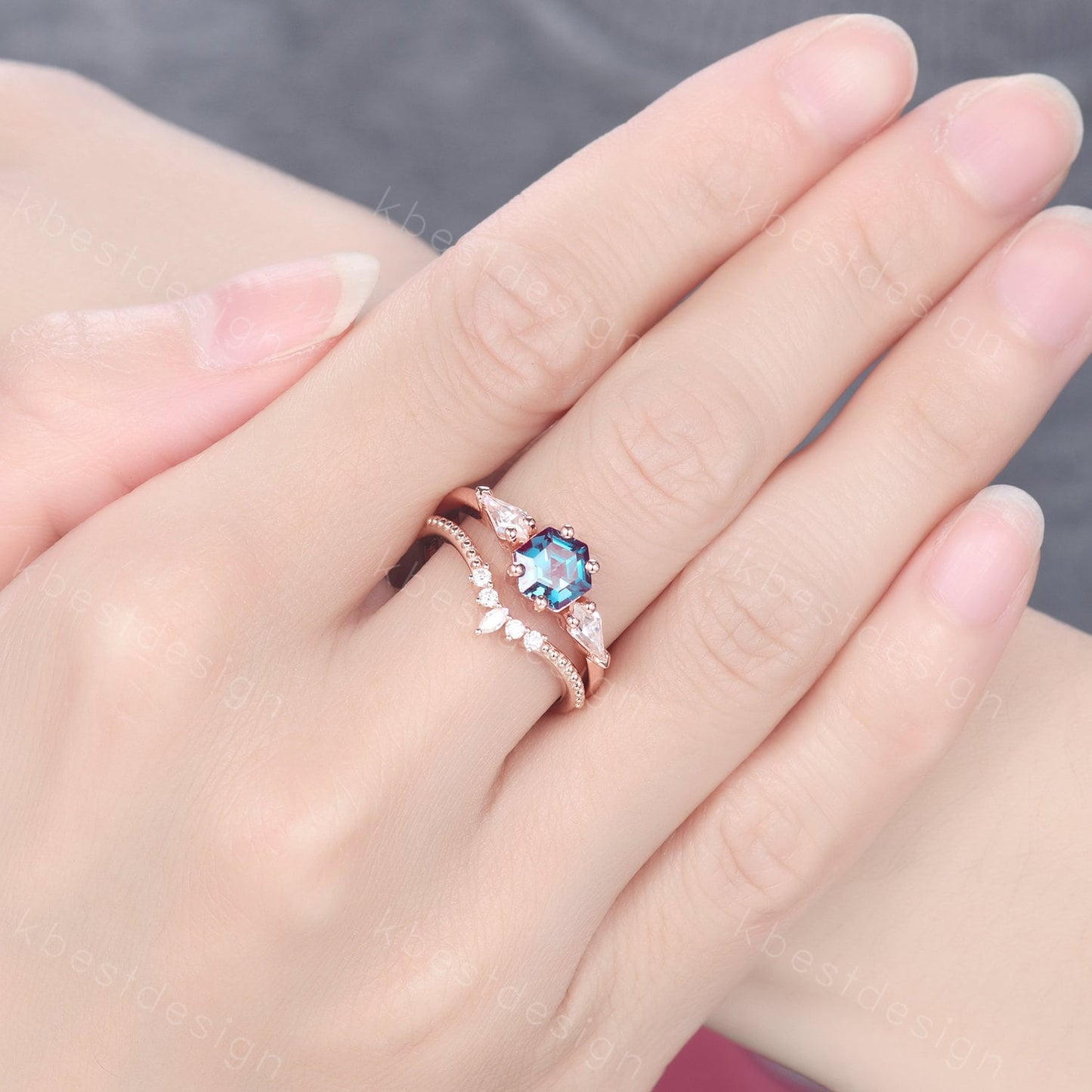 Vintage Hexagon Alexandrite engagement ring set women rose gold ring kite cut Moissanite ring unique Personalized wedding bridal ring set