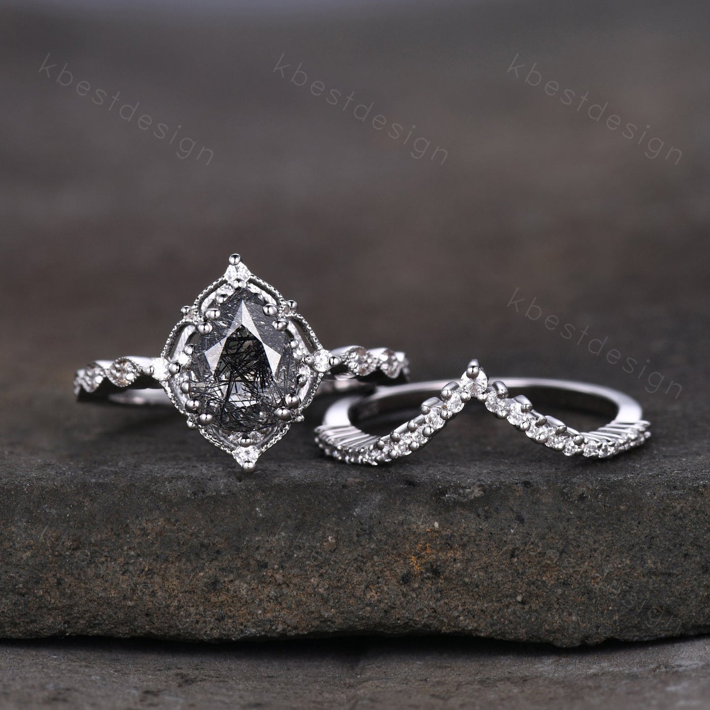 Vintage black rutilated quartz engagement ring silver ring art deco curved stacking band pear cut bridal set unique moissanite wedding set