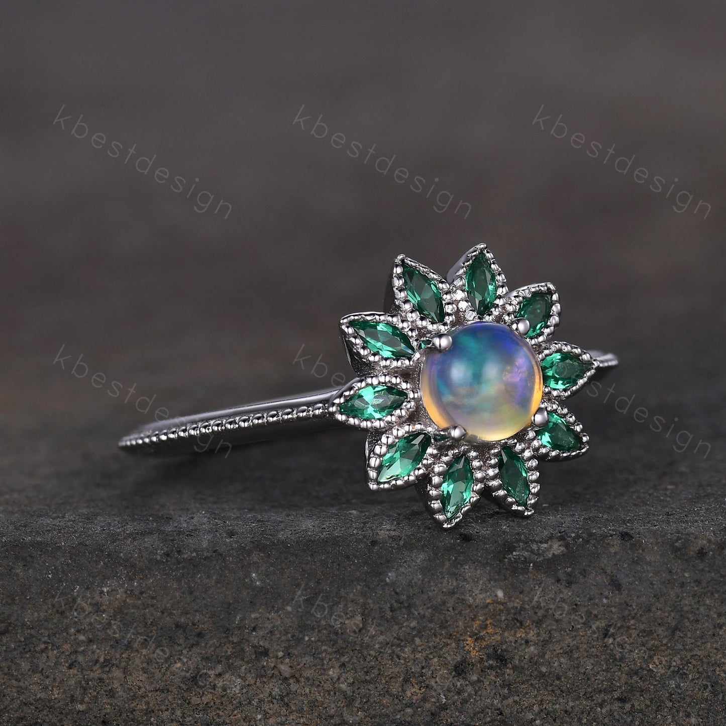 Natural Opal Emerald Engagement Ring Vintage Floral Opal Ring Unique Marquise cut Emerald Wedding Ring October Birthstone Ring Promise Gift