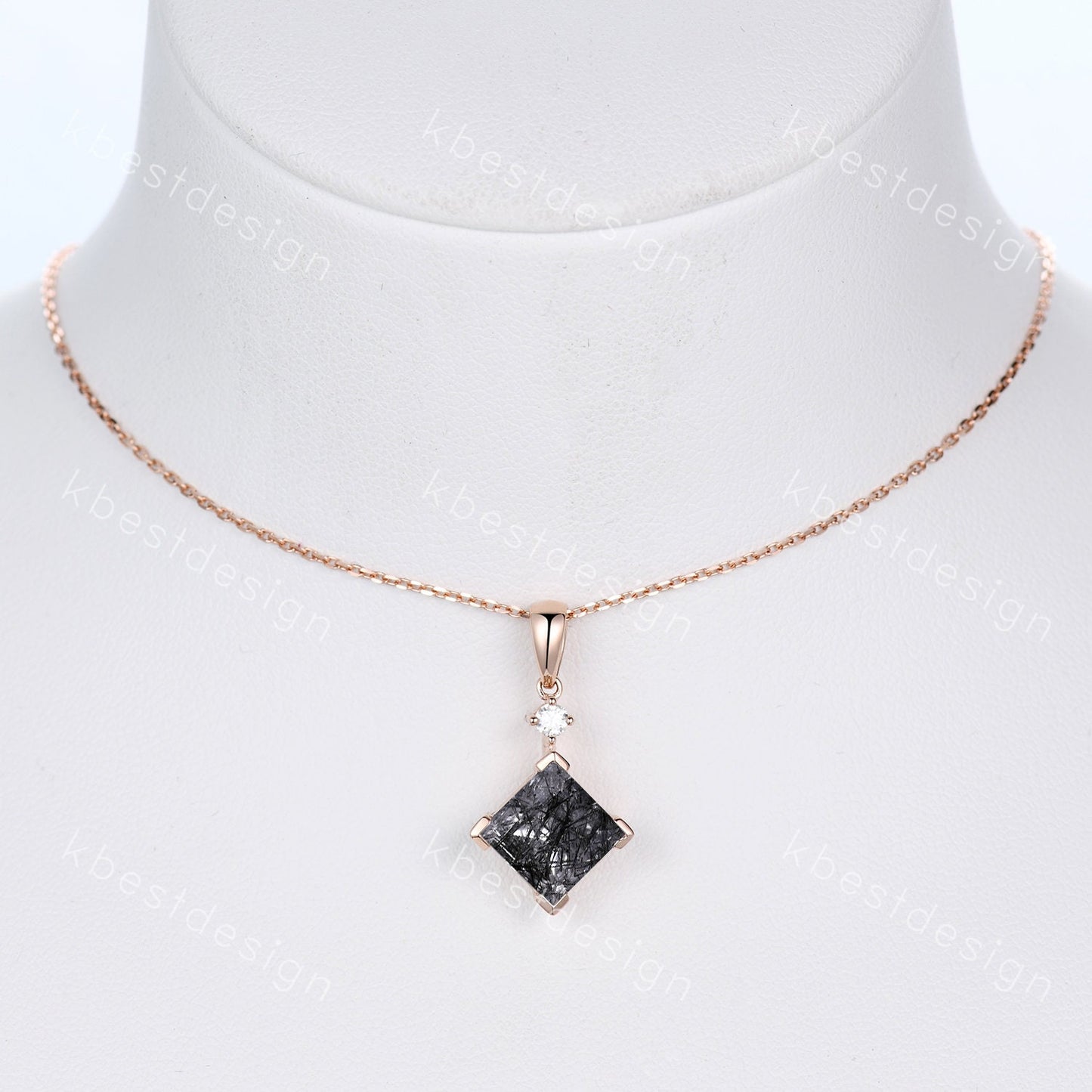 3CT Princess Cut Natural Black Rutilated Quartz Necklace 14K Rose Gold Unique Black Gemstone Pendant Women Vintage Personalized Promise Gift