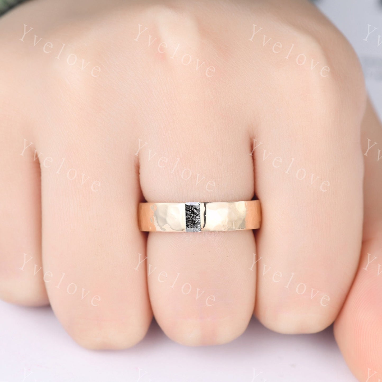 Mens Black Rutilated Quartz Wedding Band Baguette Cut Band 5mm Black Gold Ring Mens Hammered Stacking Matching Band Retro Vintage Ring Gift