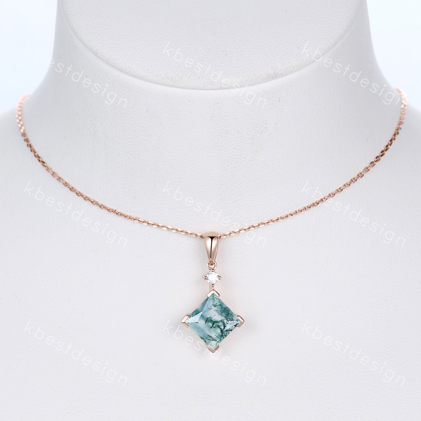Princess cut natural moss agate necklace solid 14k rose gold vintage unique green gemstone pendant for women anniversary bridal gift