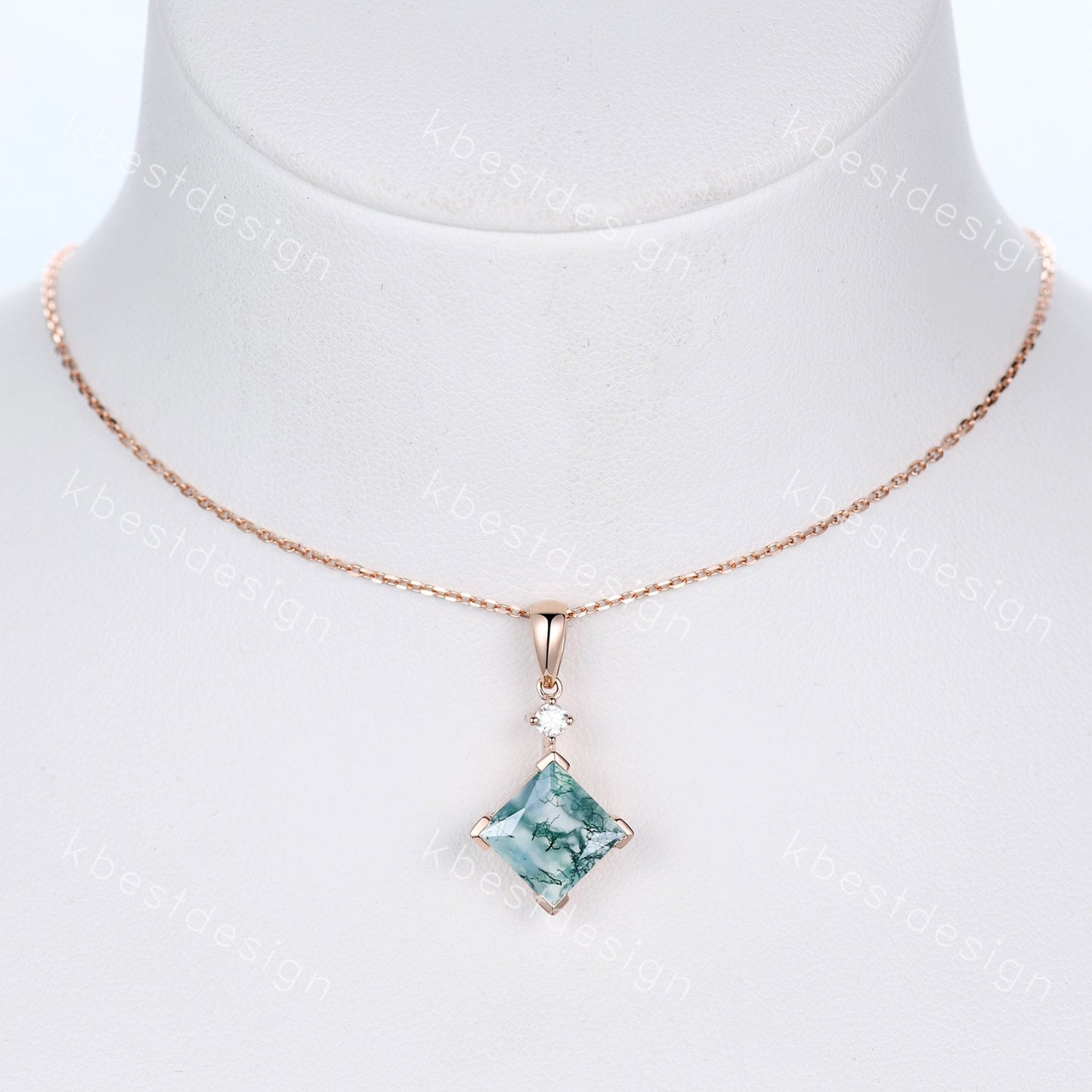 Princess cut natural moss agate necklace solid 14k rose gold vintage unique green gemstone pendant for women anniversary bridal gift