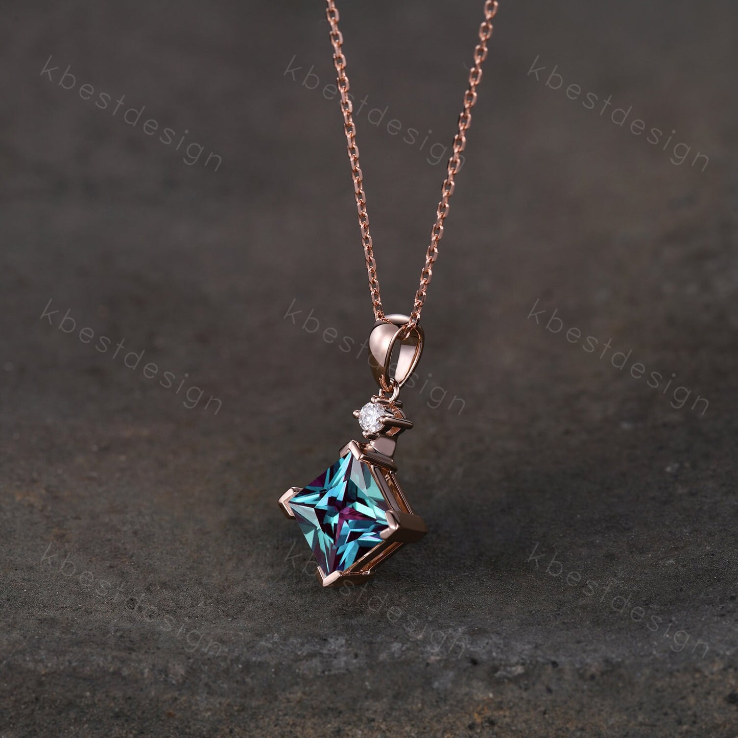 3CT Lab Alexandrite Necklace, Unique Princess cut Pendant, Vintage Rose Gold Necklace, Alexandrite Silver Pendant, June Birthstone necklace