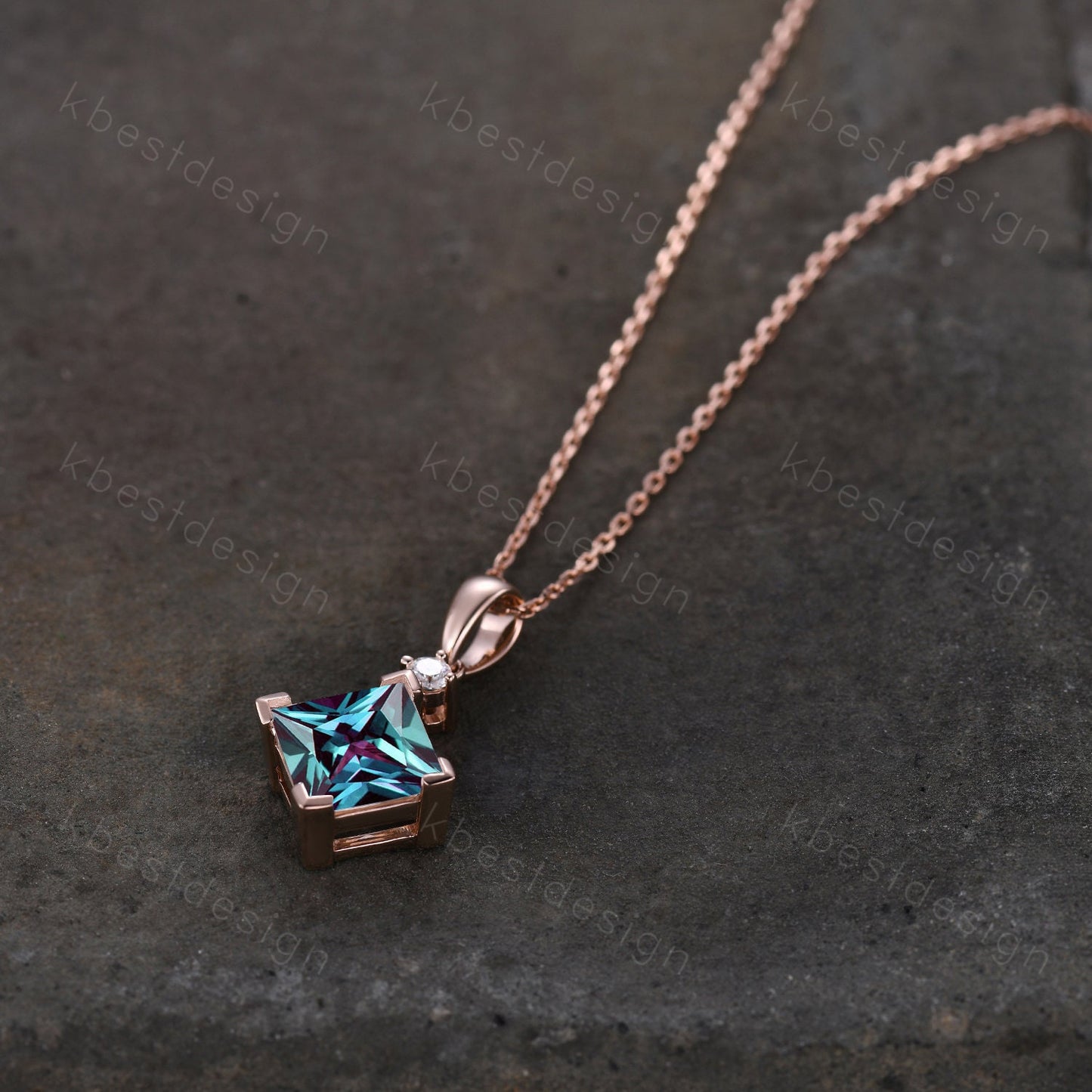 3CT Lab Alexandrite Necklace, Unique Princess cut Pendant, Vintage Rose Gold Necklace, Alexandrite Silver Pendant, June Birthstone necklace
