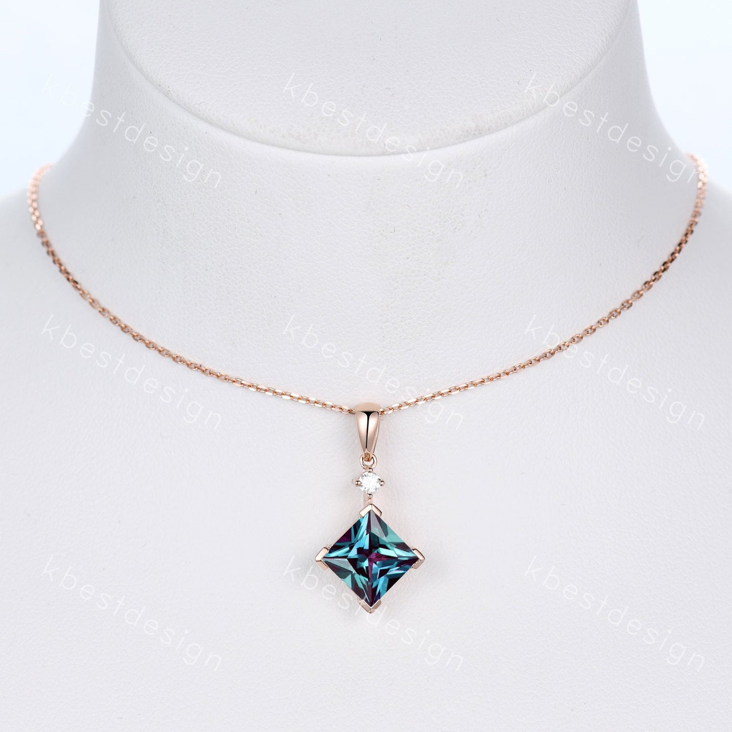 3CT Lab Alexandrite Necklace, Unique Princess cut Pendant, Vintage Rose Gold Necklace, Alexandrite Silver Pendant, June Birthstone necklace