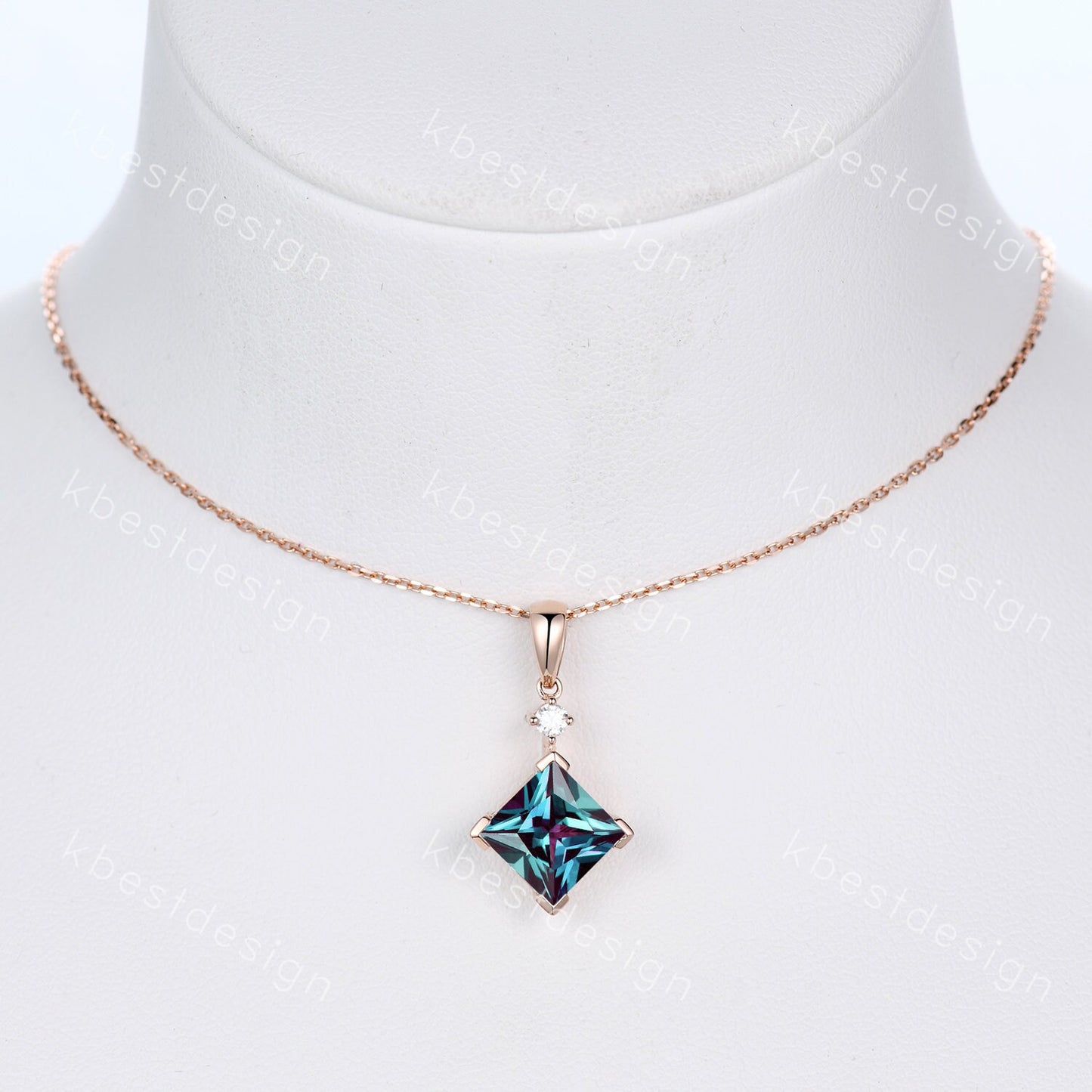 3CT Lab Alexandrite Necklace, Unique Princess cut Pendant, Vintage Rose Gold Necklace, Alexandrite Silver Pendant, June Birthstone necklace