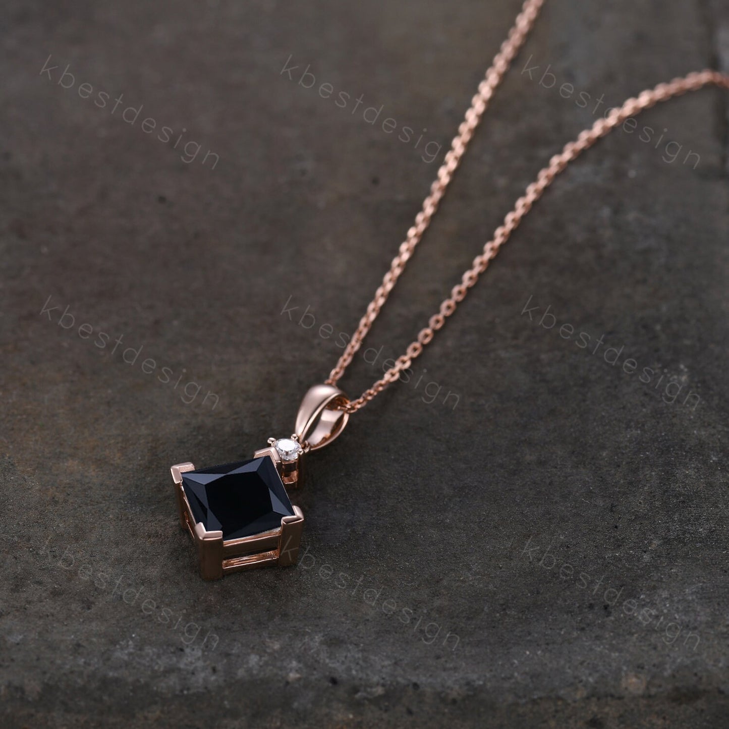 3CT Princess Cut Natural Black Onyx Necklace 14K Rose Gold Unique Black Gemstone Pendant for Women Vintage Personalized Anniversary Necklace