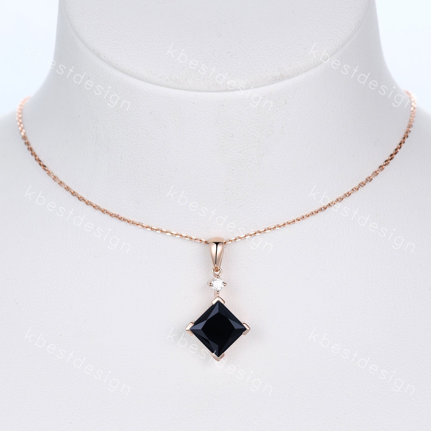 3CT Princess Cut Natural Black Onyx Necklace 14K Rose Gold Unique Black Gemstone Pendant for Women Vintage Personalized Anniversary Necklace