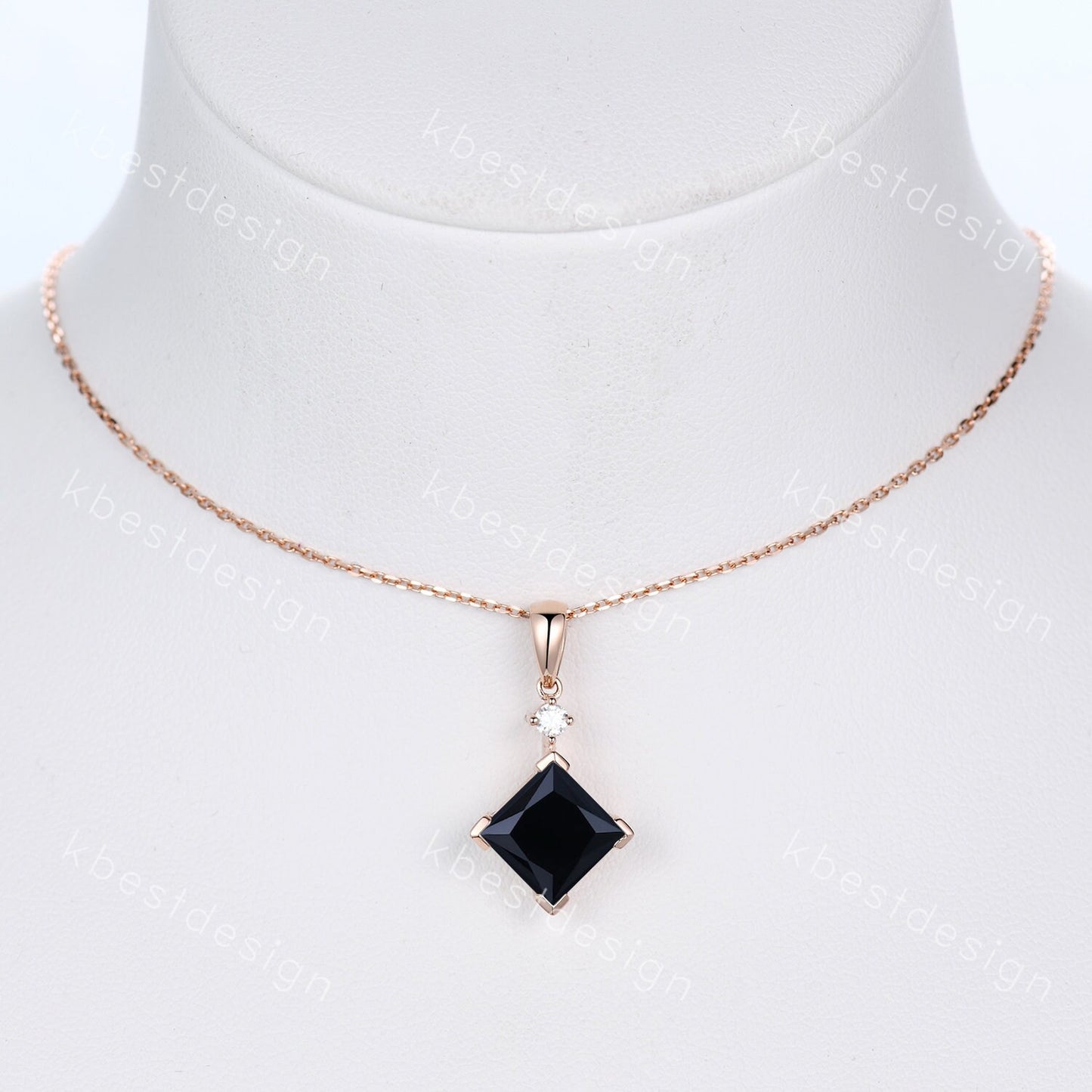 3CT Princess Cut Natural Black Onyx Necklace 14K Rose Gold Unique Black Gemstone Pendant for Women Vintage Personalized Anniversary Necklace