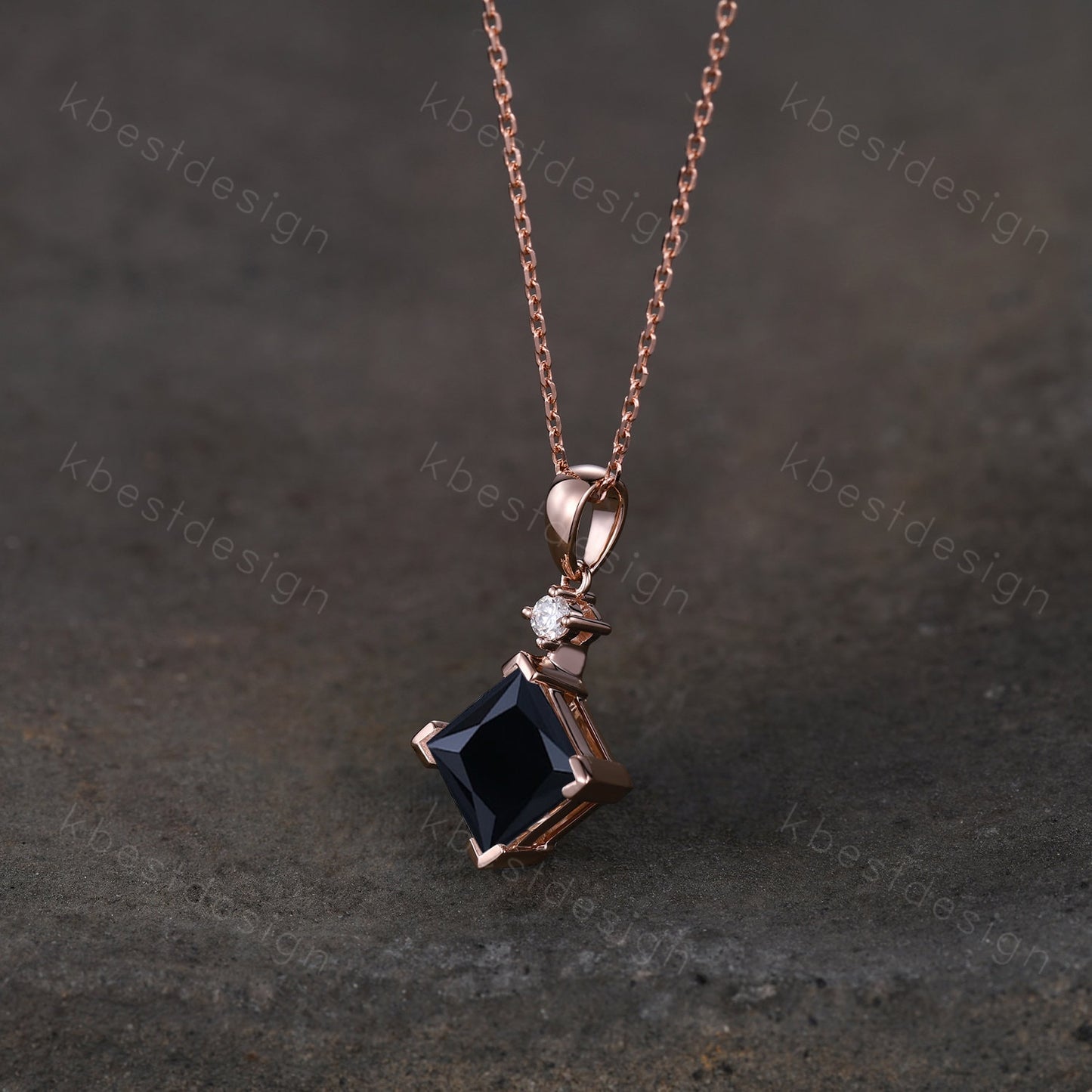 3CT Princess Cut Natural Black Onyx Necklace 14K Rose Gold Unique Black Gemstone Pendant for Women Vintage Personalized Anniversary Necklace