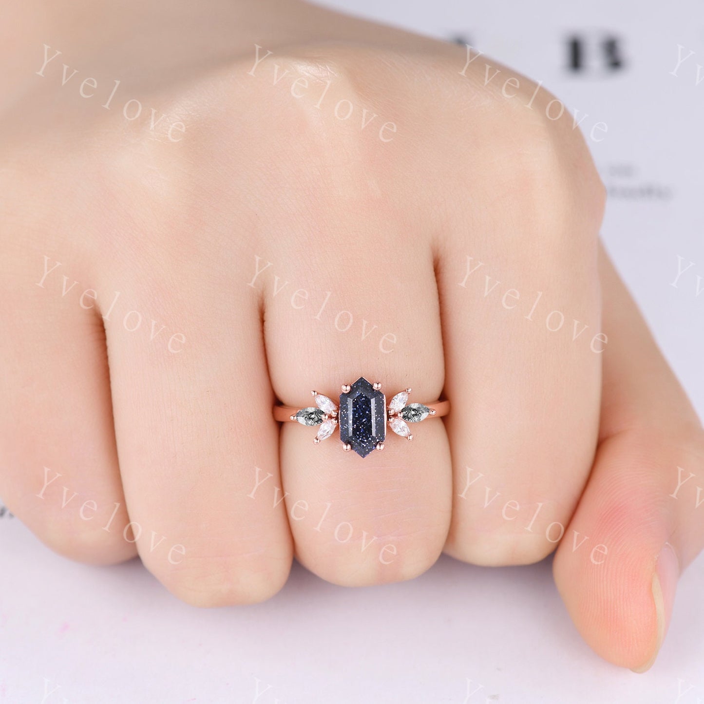 Vintage Hexagon cut Sandstone Engagement Ring Set,Unique Bridal Set,Marquise Black Rutilated Quartz,Rose Gold Black Diamond Galaxy Ring Gift