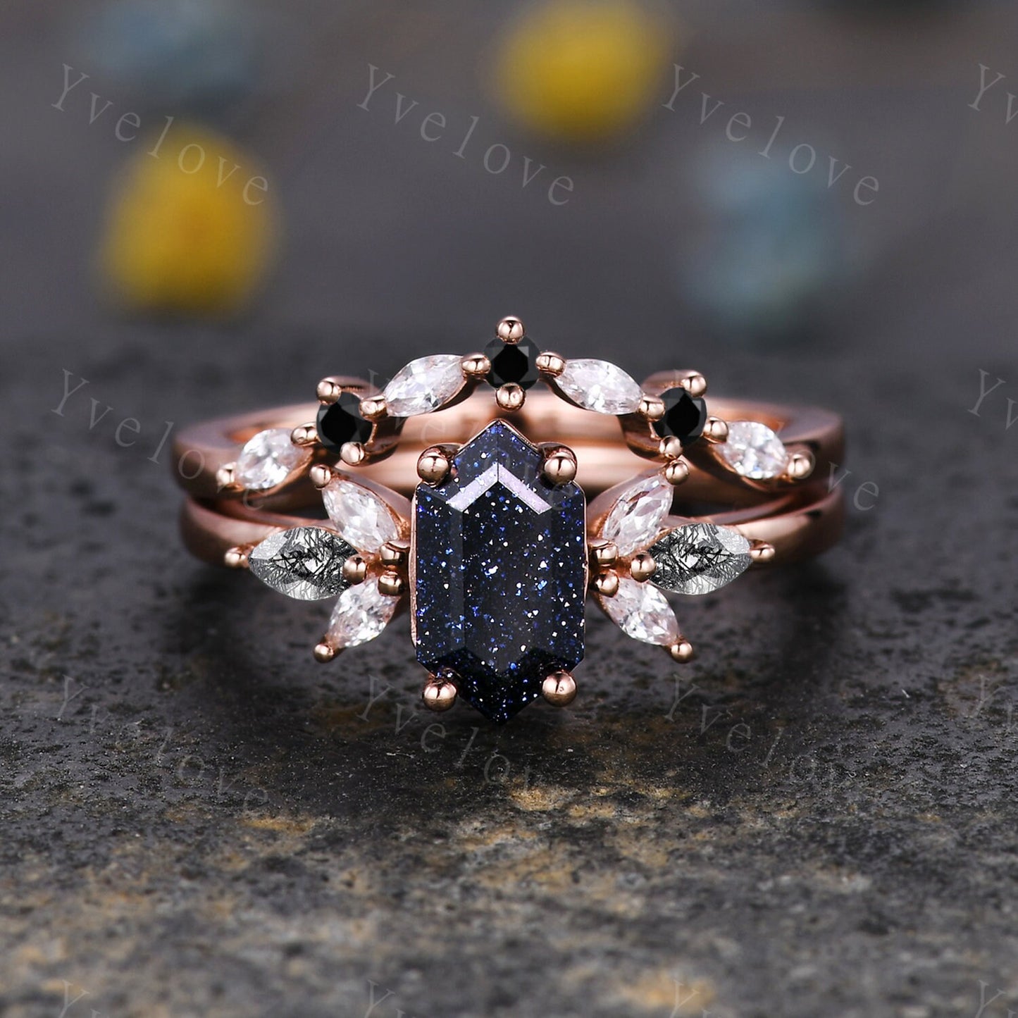 Vintage Hexagon cut Sandstone Engagement Ring,Unique Bridal Ring,Marquise Black Rutilated Quartz,14k Rose Gold Black Gem Galaxy Ring Gift