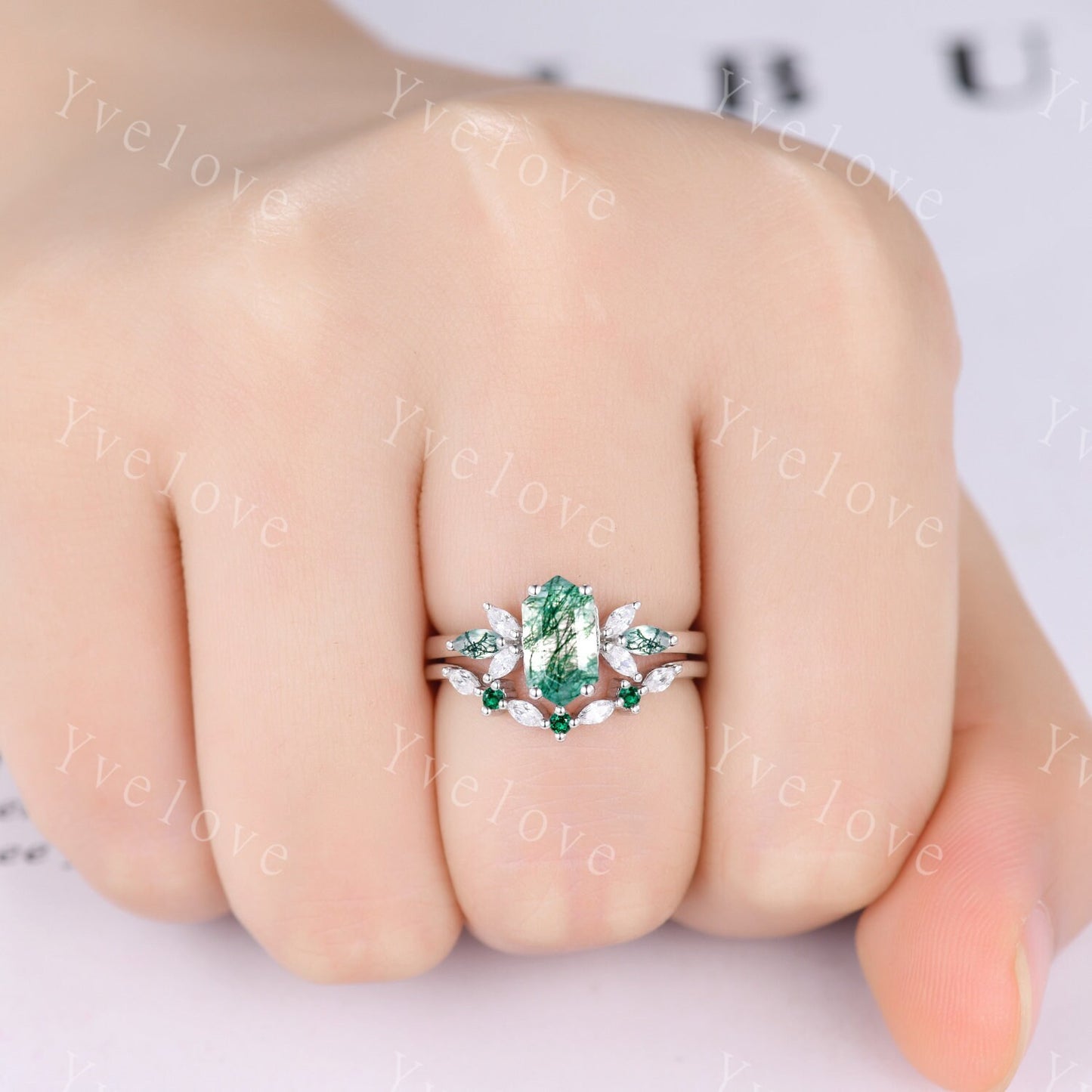 Vintage Hexagon cut Moss Agate Engagement Ring,Unique Bridal Ring Marquise Moissanite Green Agate Wedding Band Promise Ring Gift Silver Ring