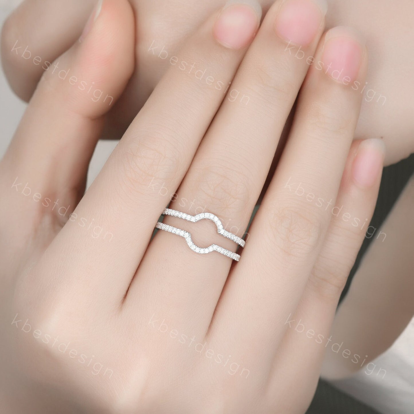 Dainty curved Moissanite wedding band White gold double curve stacking band half eternity enhancer matching band Unique bridal promise gift
