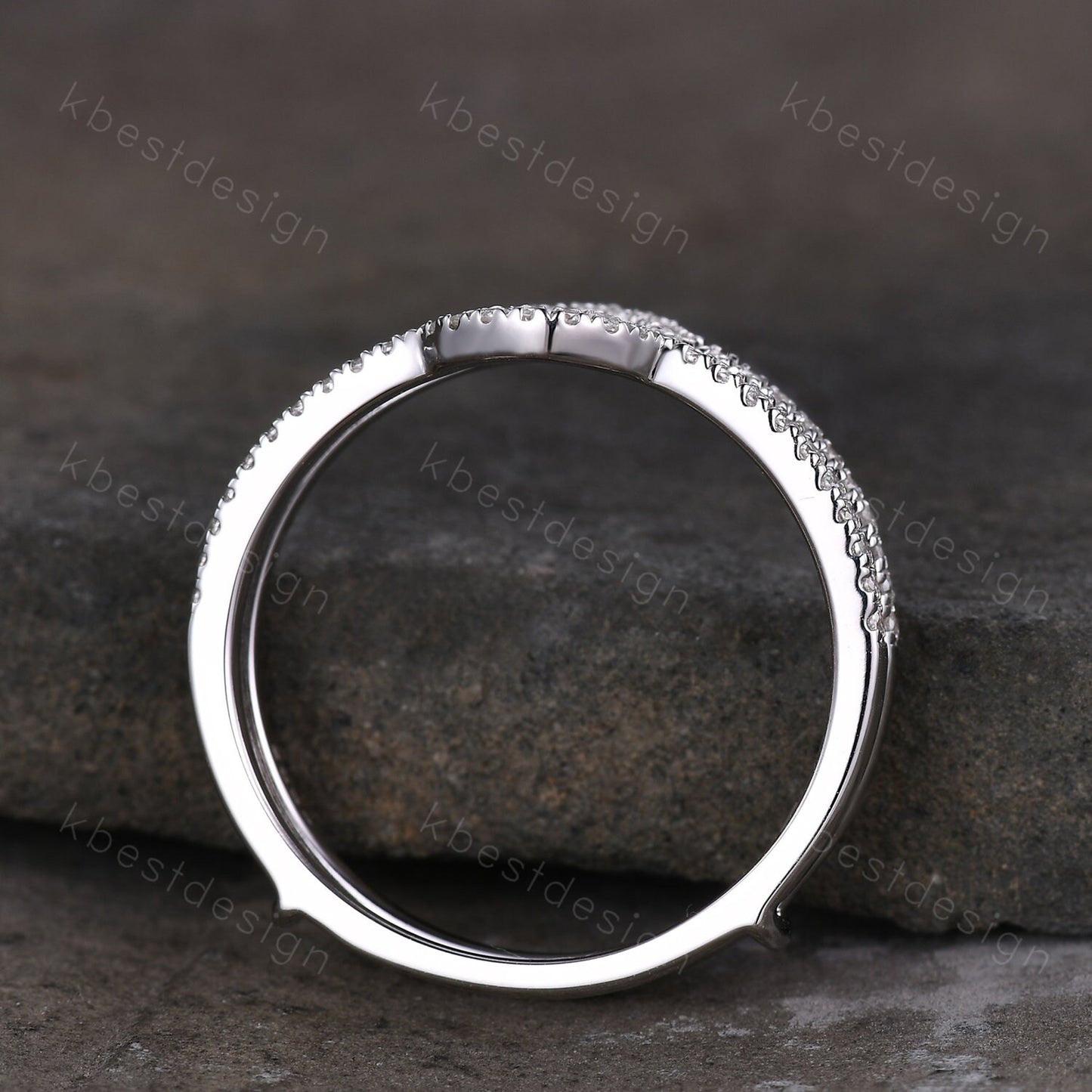 Dainty curved Moissanite wedding band White gold double curve stacking band half eternity enhancer matching band Unique bridal promise gift