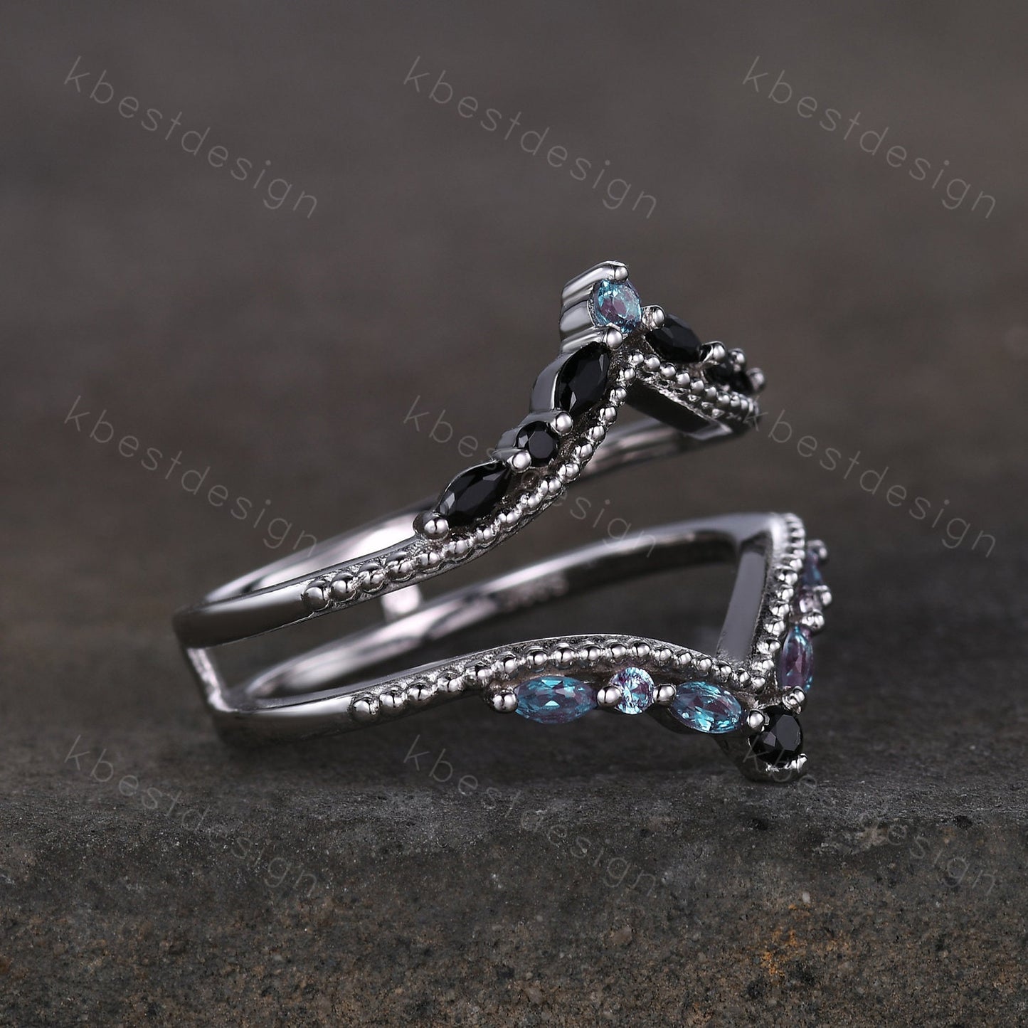 Unique curved Alexandrite wedding band White gold double curved black spinel stacking band art deco marquise enhancer bridal promise ring